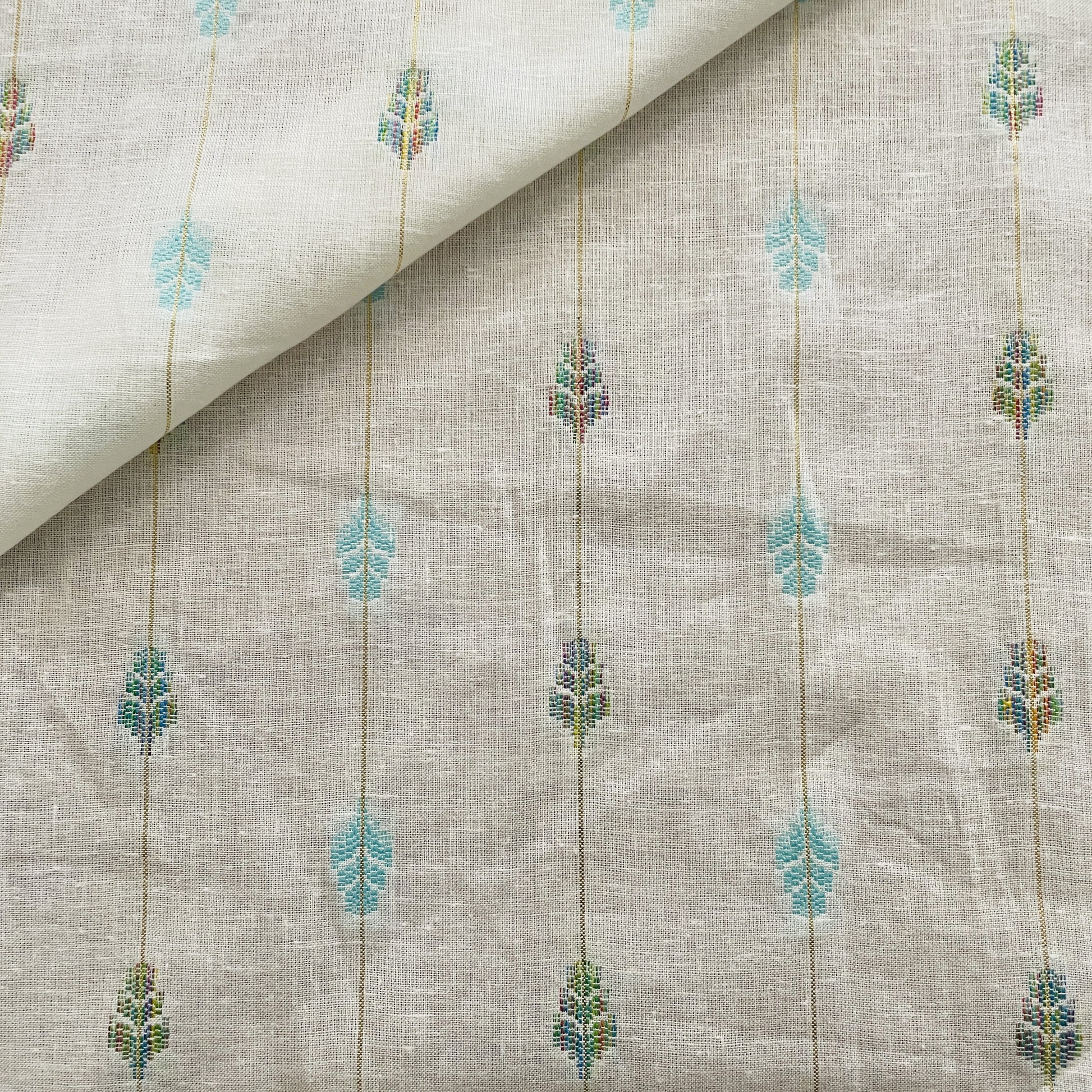 Premium OffWhite Leaves Green Dobby Embroidery Dyeable Cotton Fabric