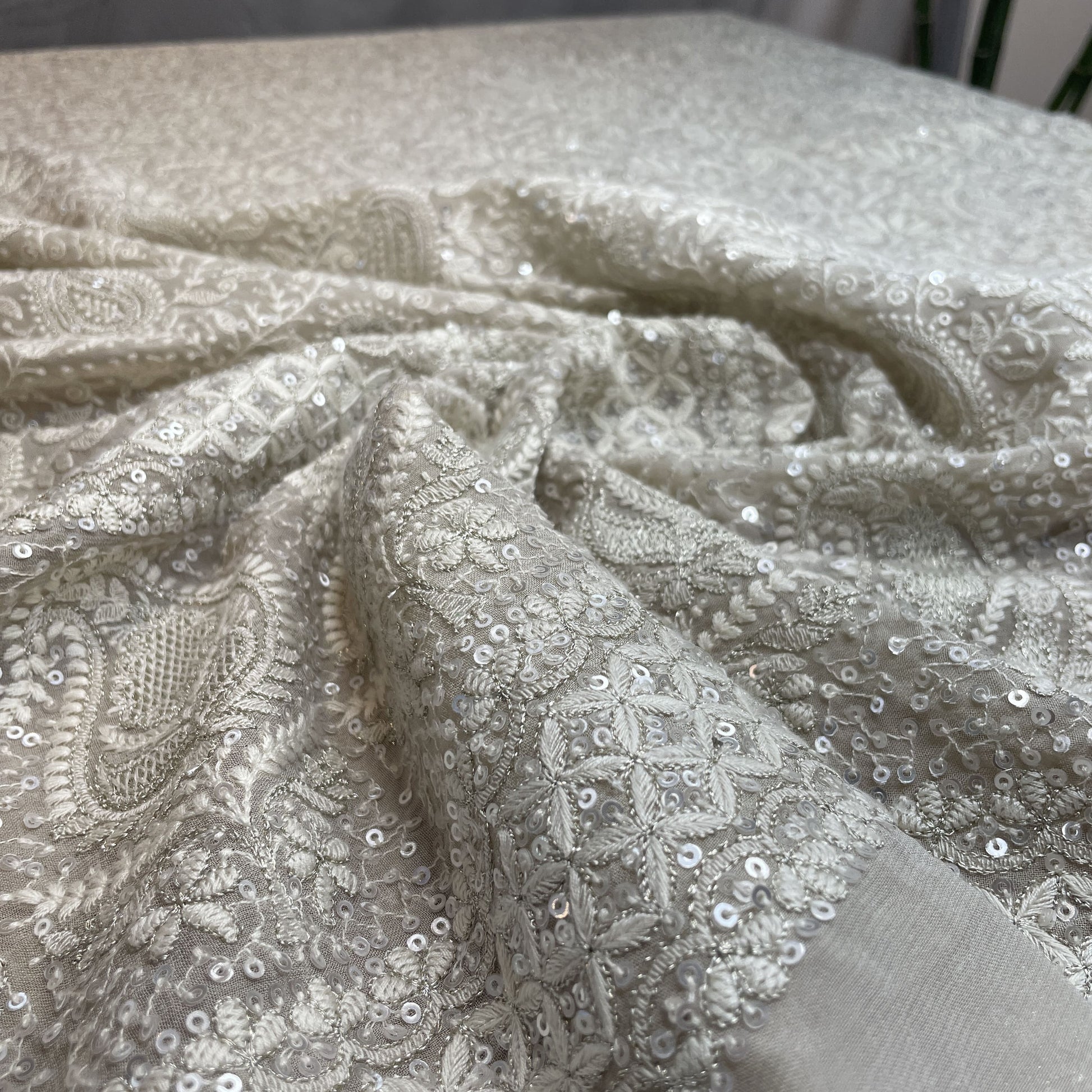 Premium Off White Paisley Traditional Sequins Chikankari Embroidery Georgette Fabric