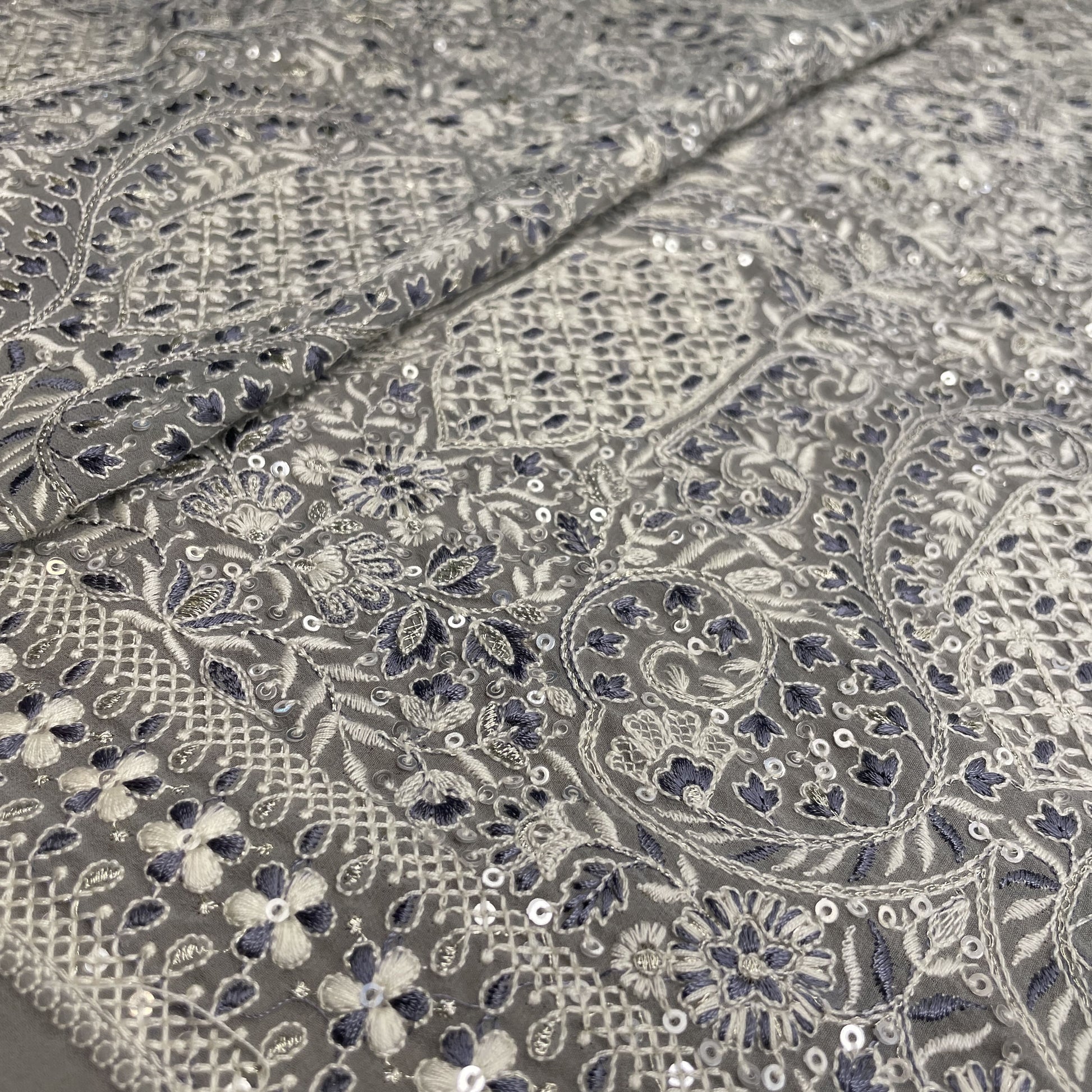Premium Grey Traditional Sequins Embroidery Georgette Fabric