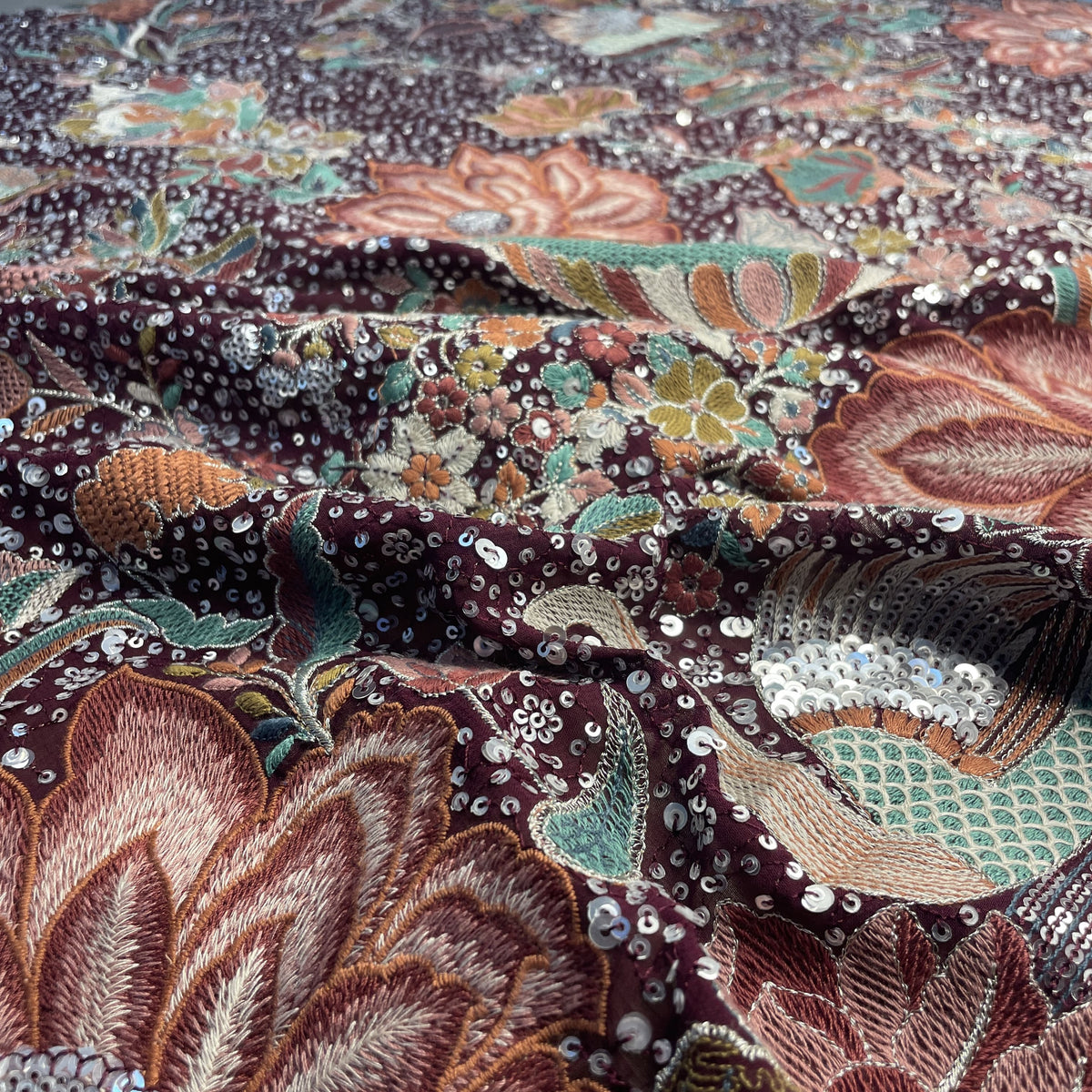 Exclusive Purple Floral Traditional Sequins Embroidery Georgette Fabric