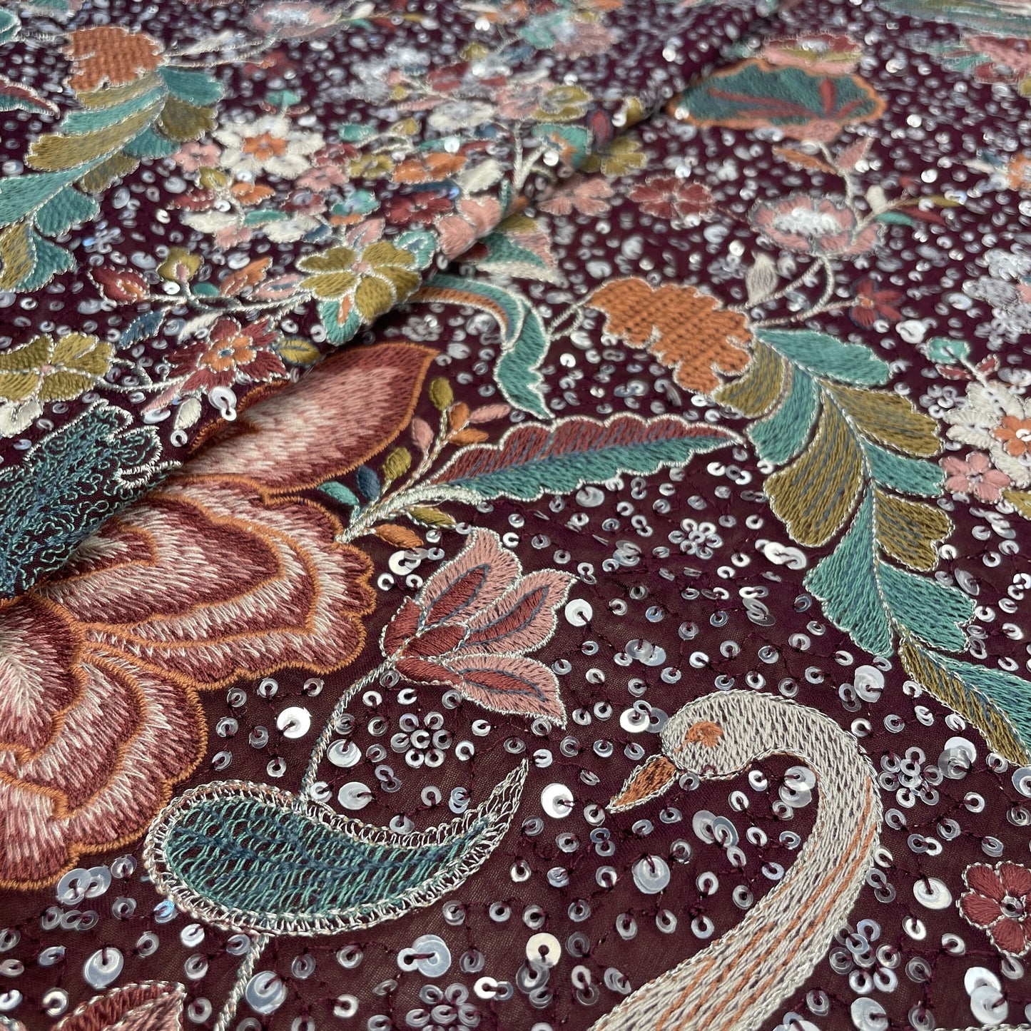 Exclusive Purple Floral Traditional Sequins Embroidery Georgette Fabric