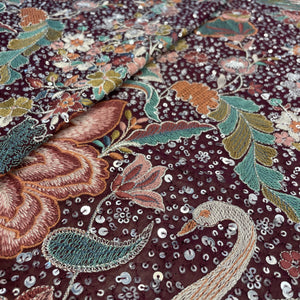 Exclusive Purple Floral Traditional Sequins Embroidery Georgette Fabric