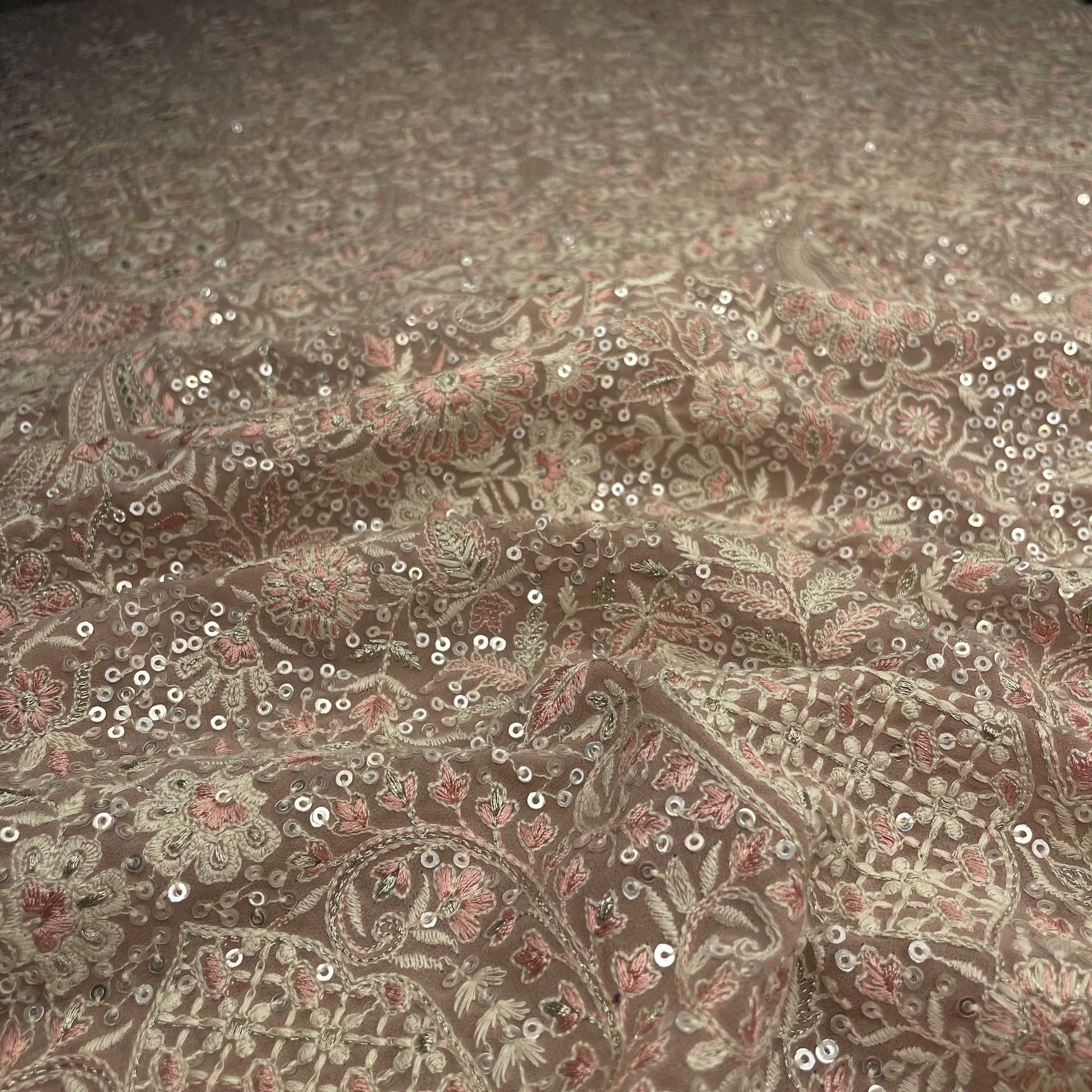 Pastel Pink Heavy Traditional Sequins Embroidery Georgette Fabric