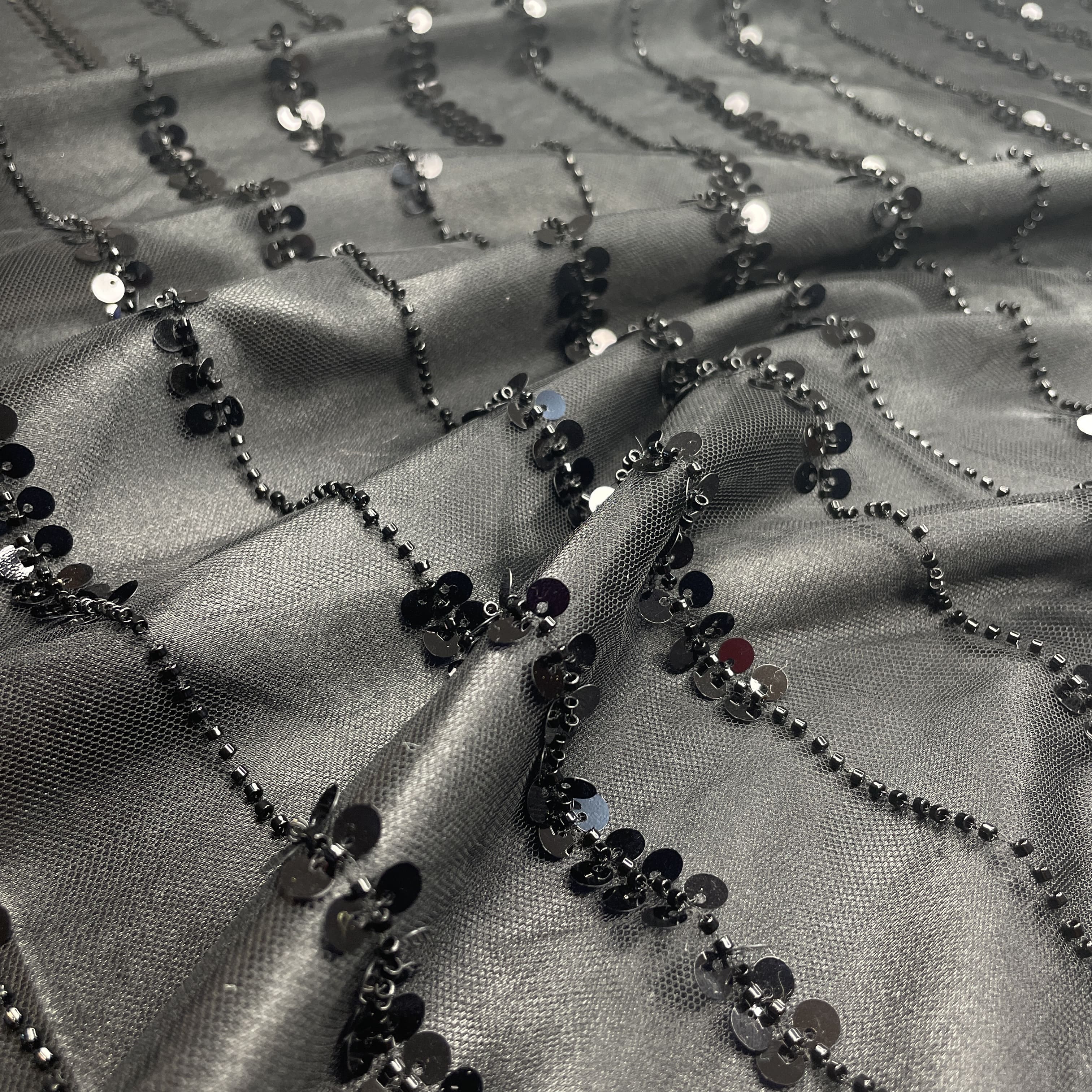 Premium Black Pearl Stripes Floral Heavy Sequins Embroidery Net Fabric