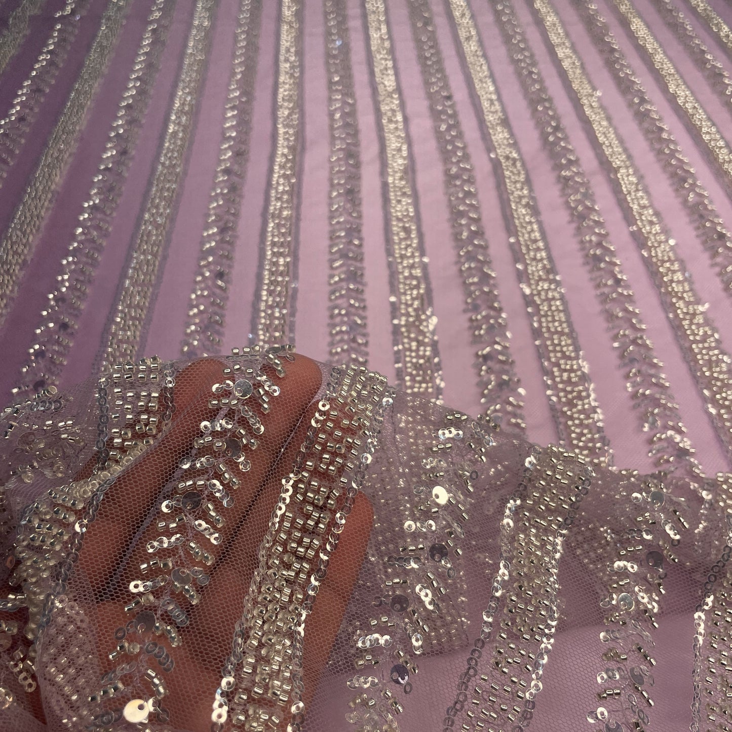 Premium Purple Stripes Sequins CutDana Embroidery Net Fabric