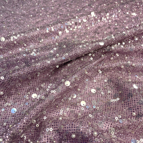 Premium Pink Sequins Embroidery Bonded Glitter Net Fabric