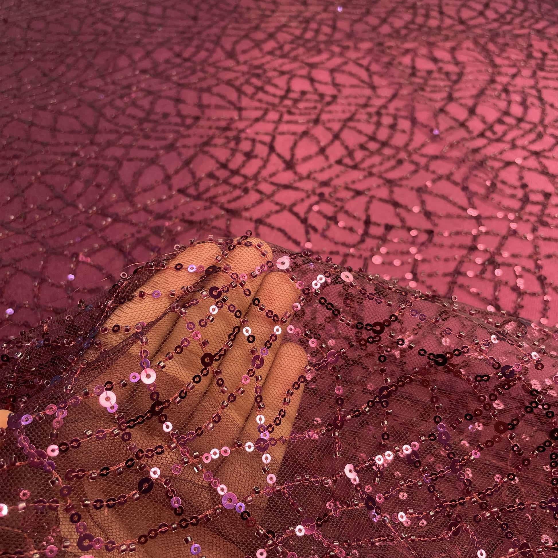 Premium Maroon Heavy Pearl Sequins Embroidery Net Fabric
