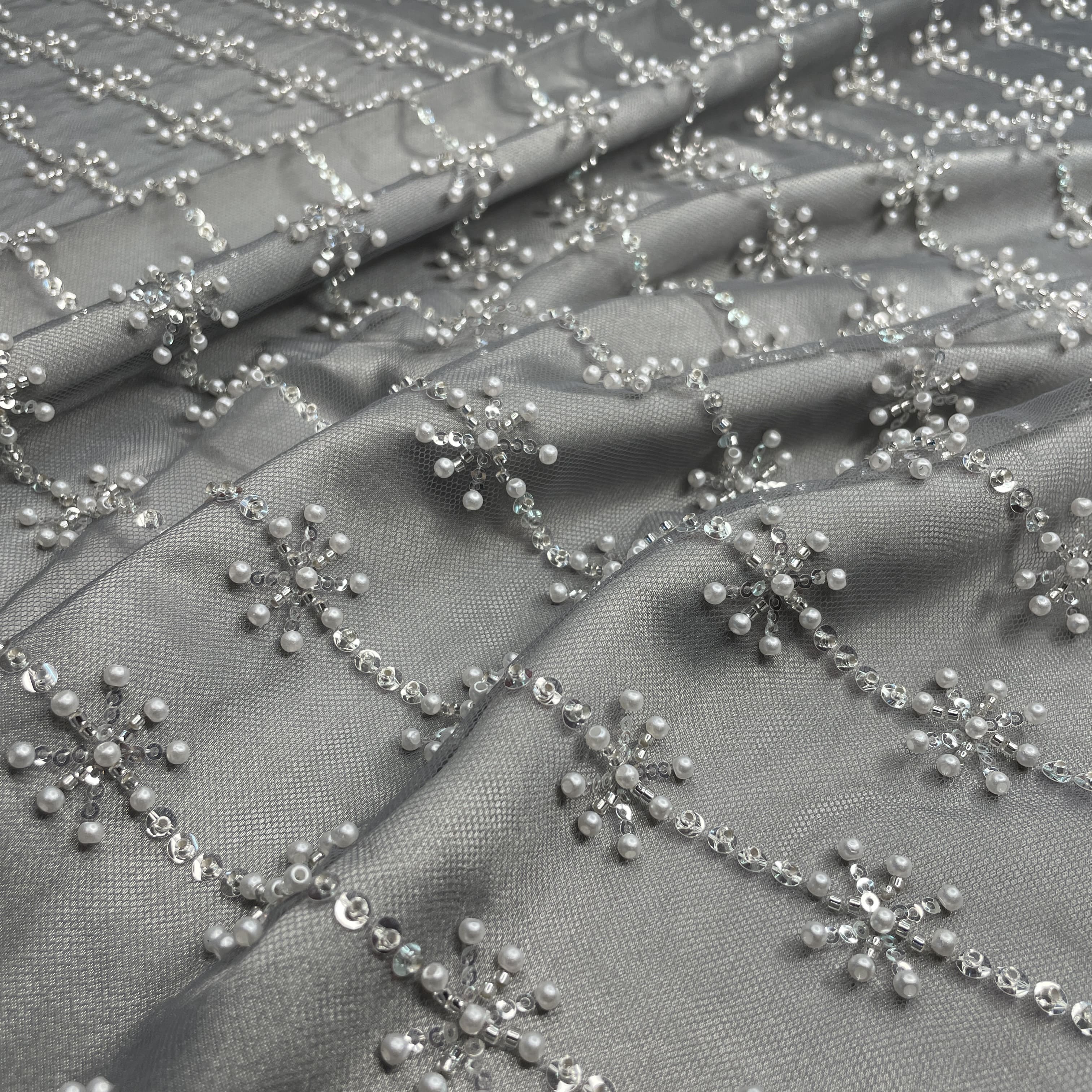 Buy Premium Grey Pearl CutDana Embroidery Net Fabric Online at TradeUNO TradeUNO Fabrics