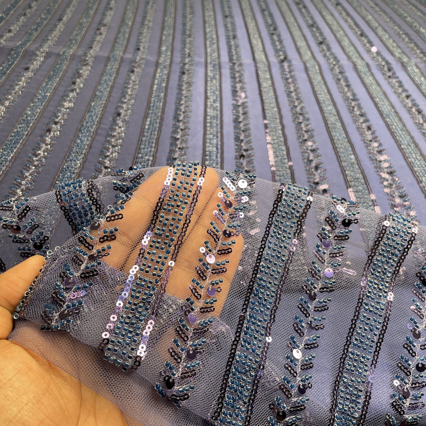 Premium Indigo Blue Stripes Sequins CutDana Embroidery Net Fabric