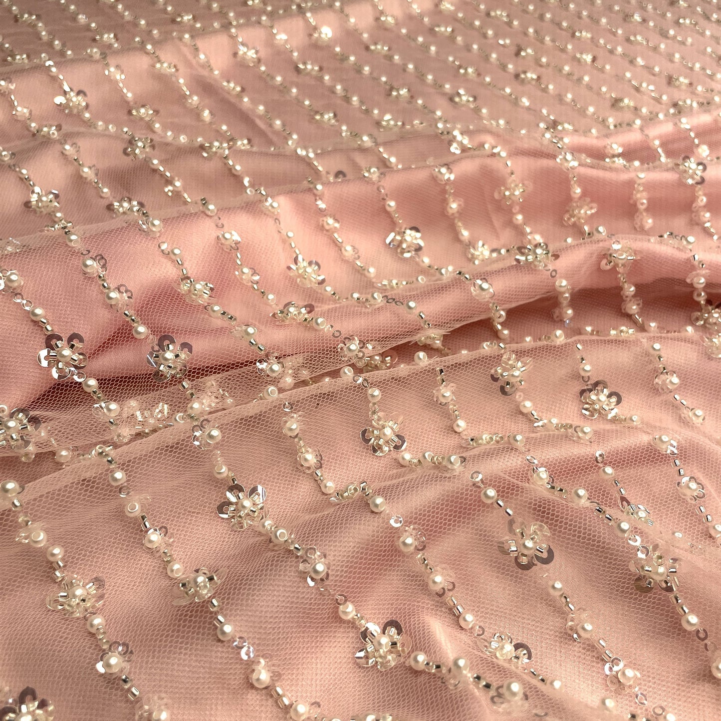 Premium Light Peach Pink Stripes Pearl Sequins CutDana Embroidery Net Fabric