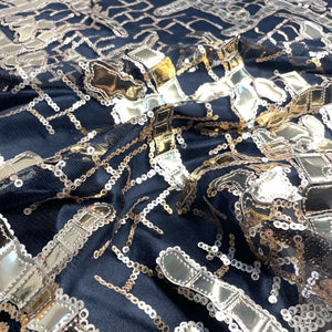 Exclusive Golden Black Sequins Metallic Net Fabric