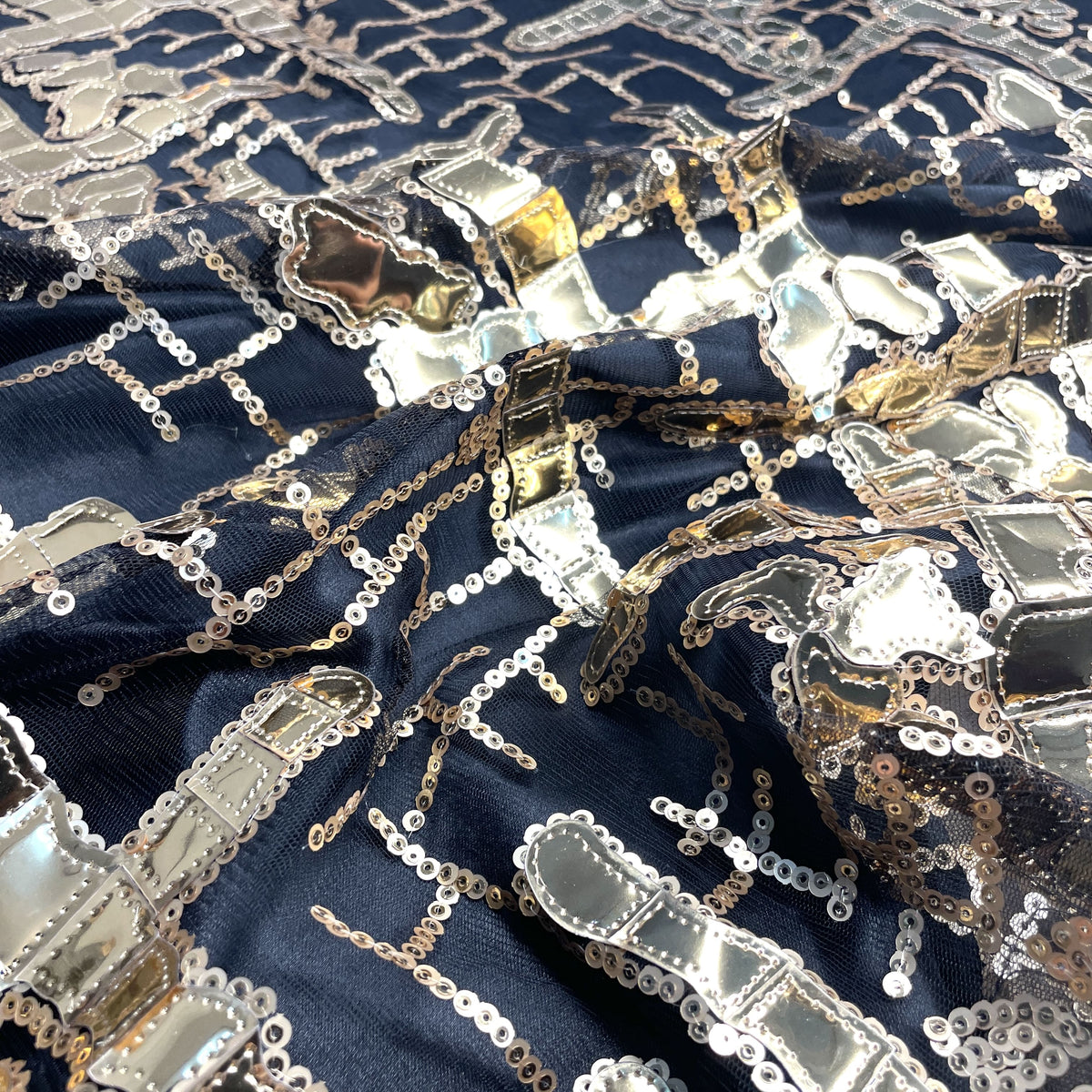 Exclusive Golden Black Sequins Metallic Net Fabric