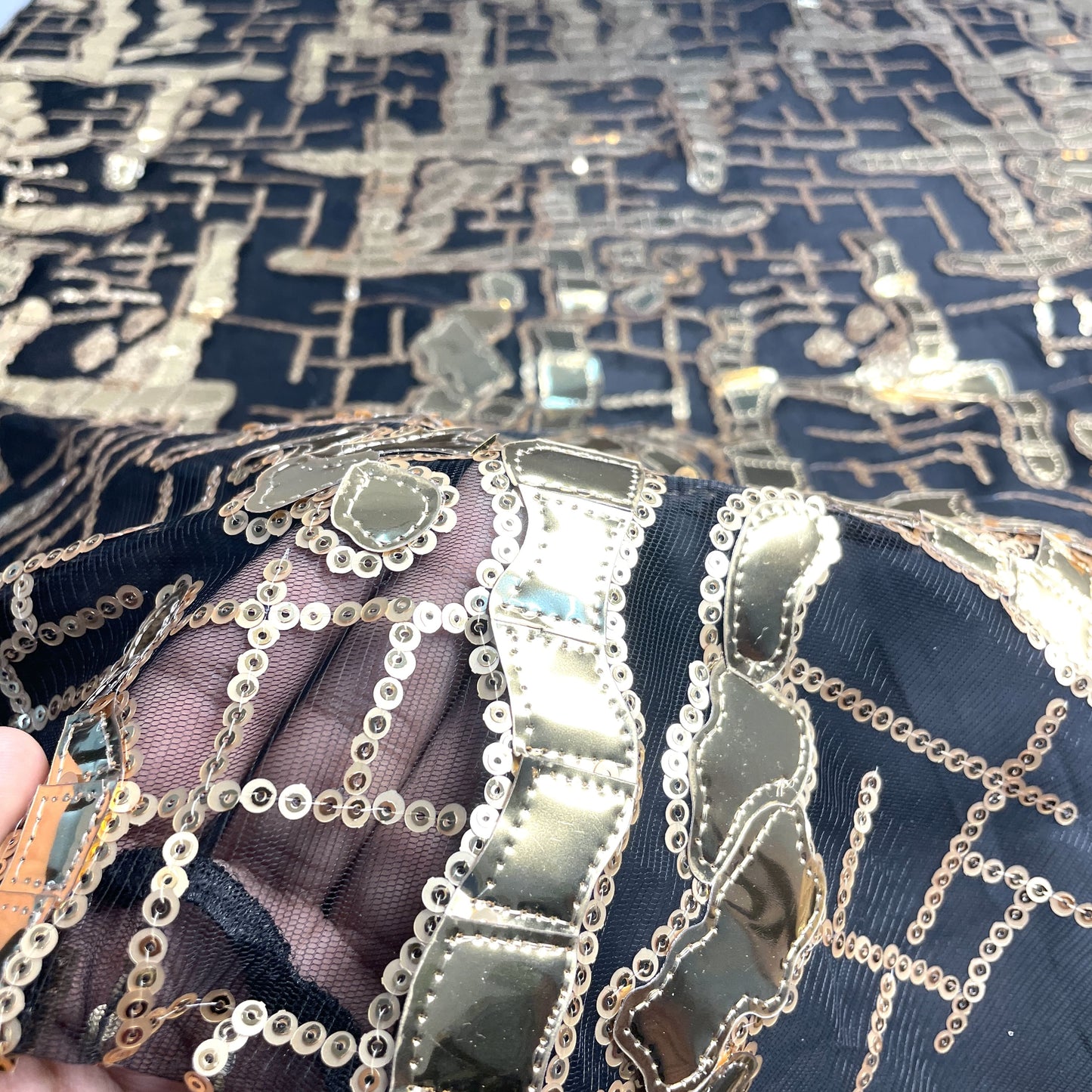 Exclusive Golden Black Sequins Metallic Net Fabric