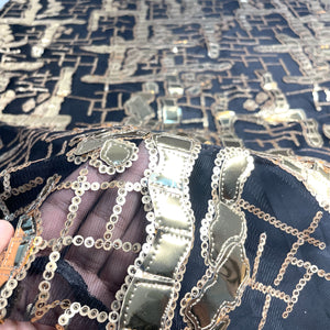 Exclusive Golden Black Sequins Metallic Net Fabric