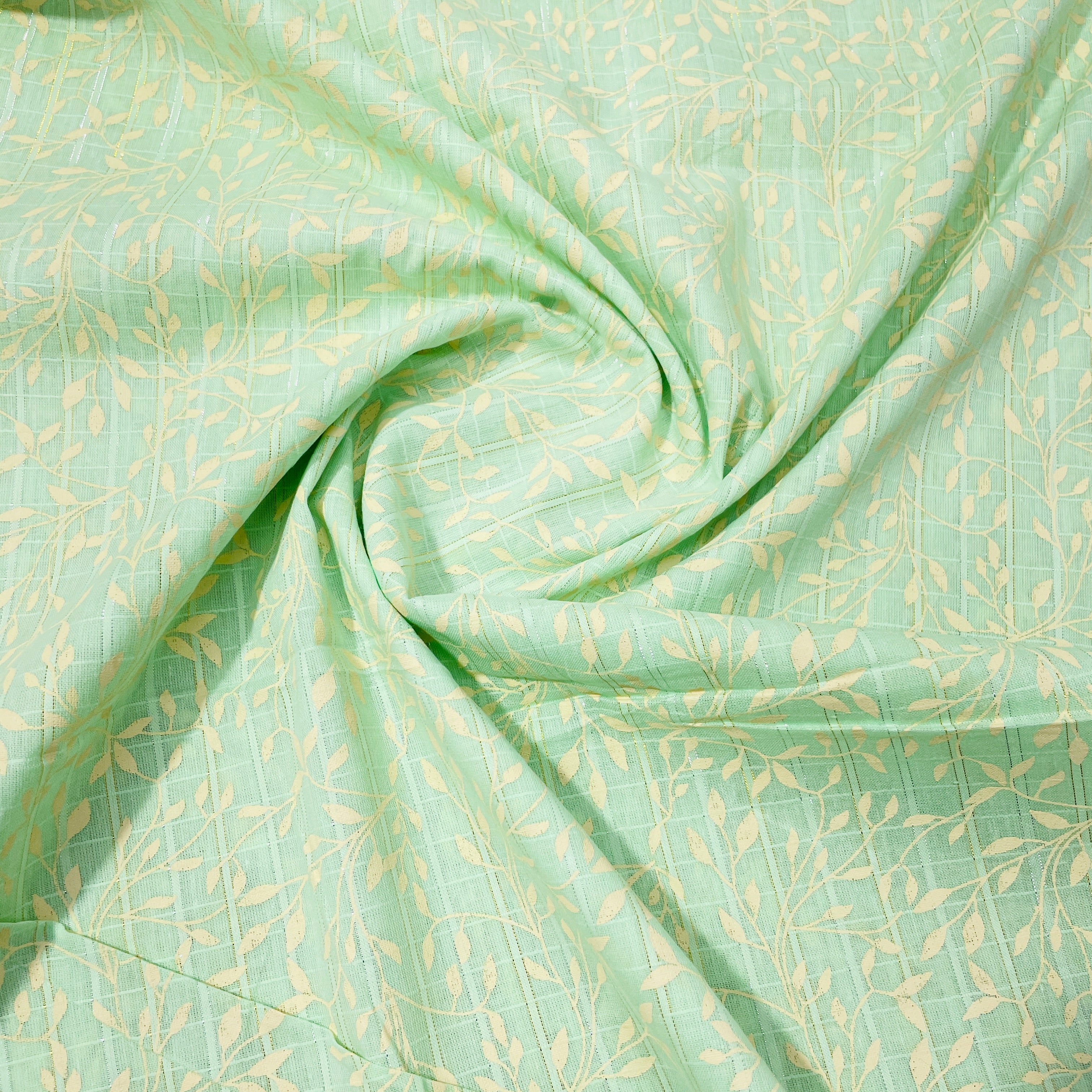 Green & Golden Floral With Lurex Cotton  Fabric - TradeUNO