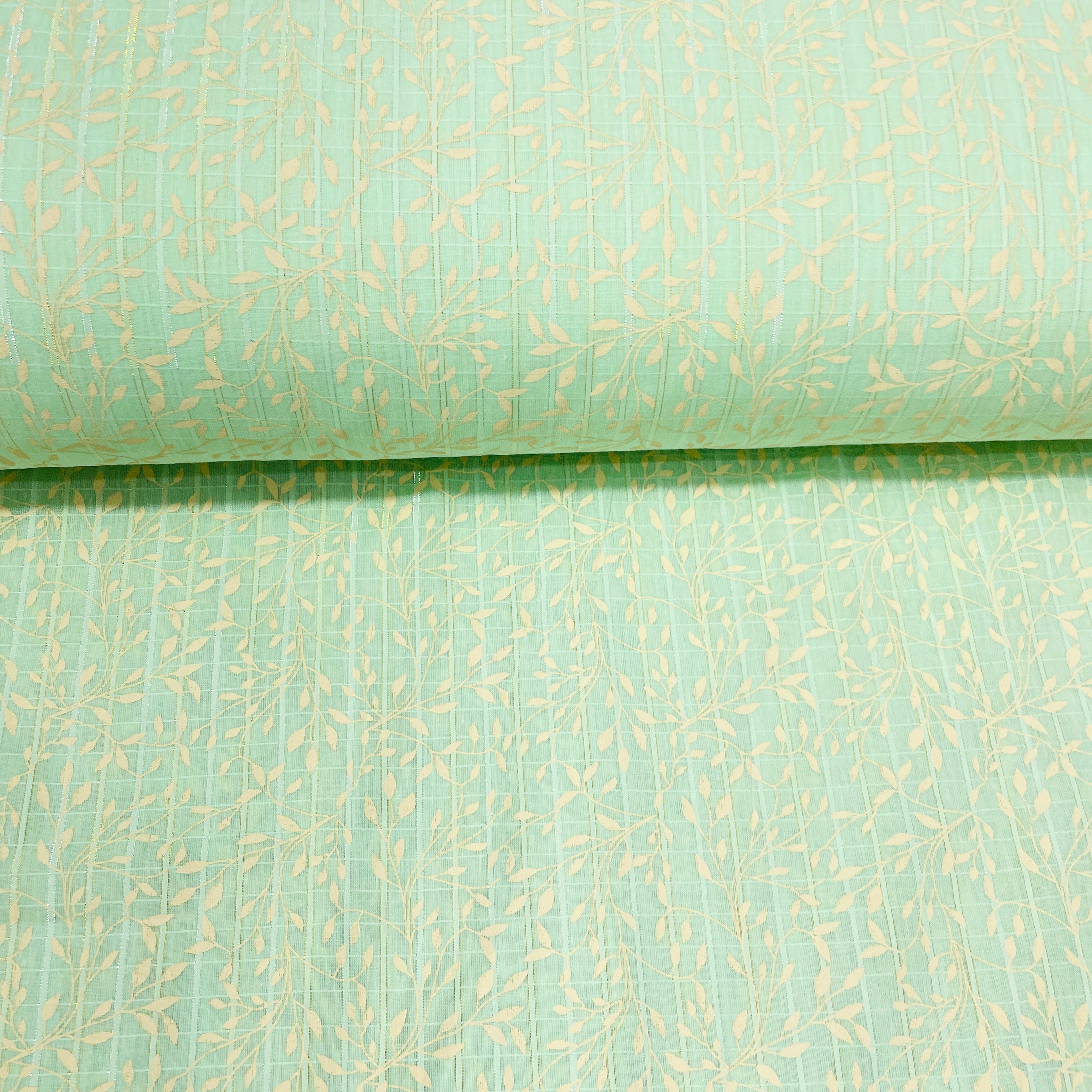 Green & Golden Floral With Lurex Cotton  Fabric - TradeUNO