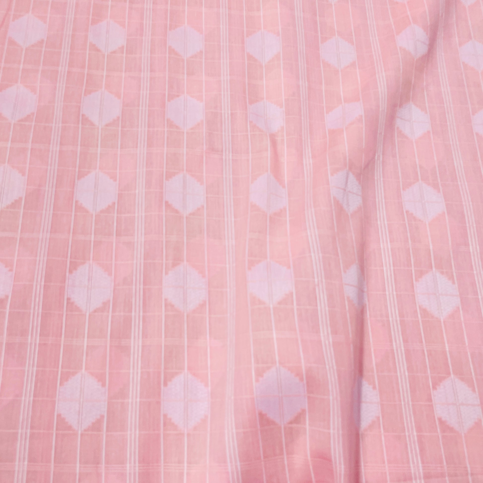 Light Pink & White Geometrical Handwoven Cotton Fabric - TradeUNO