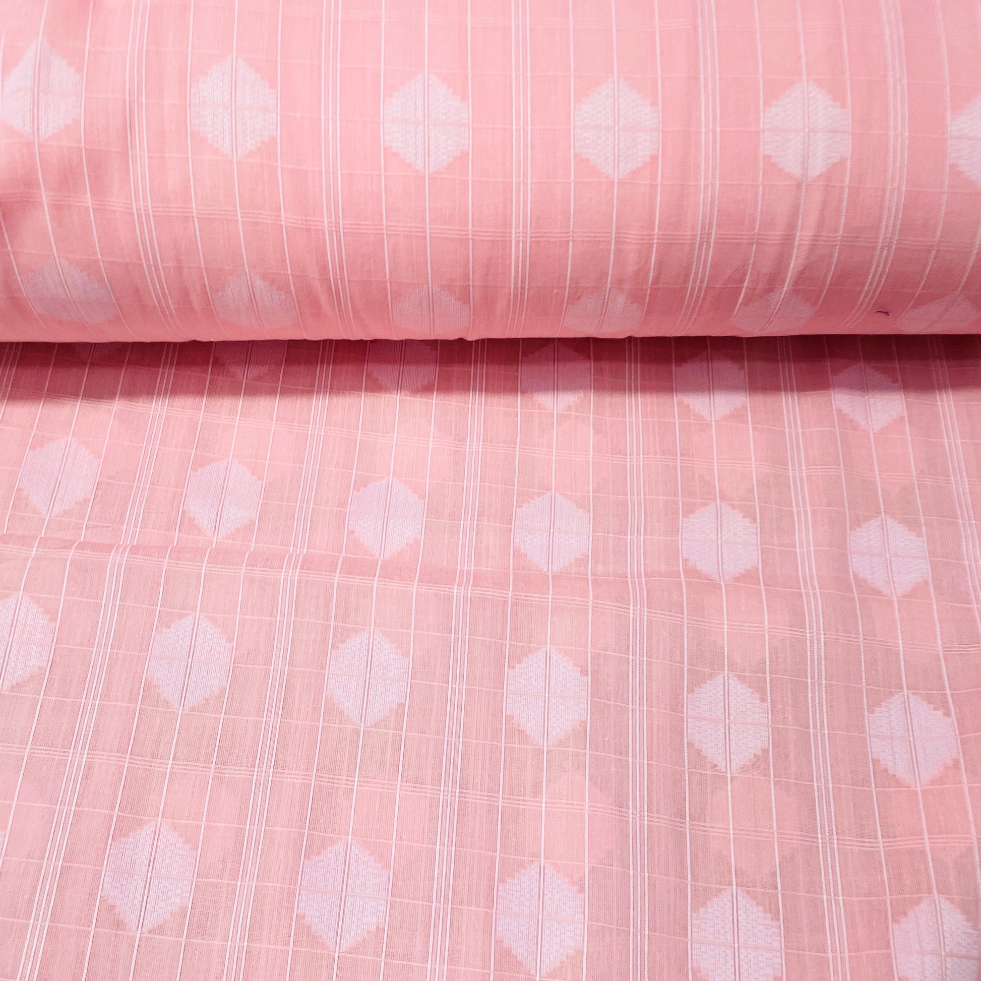 Light Pink & White Geometrical Handwoven Cotton Fabric - TradeUNO