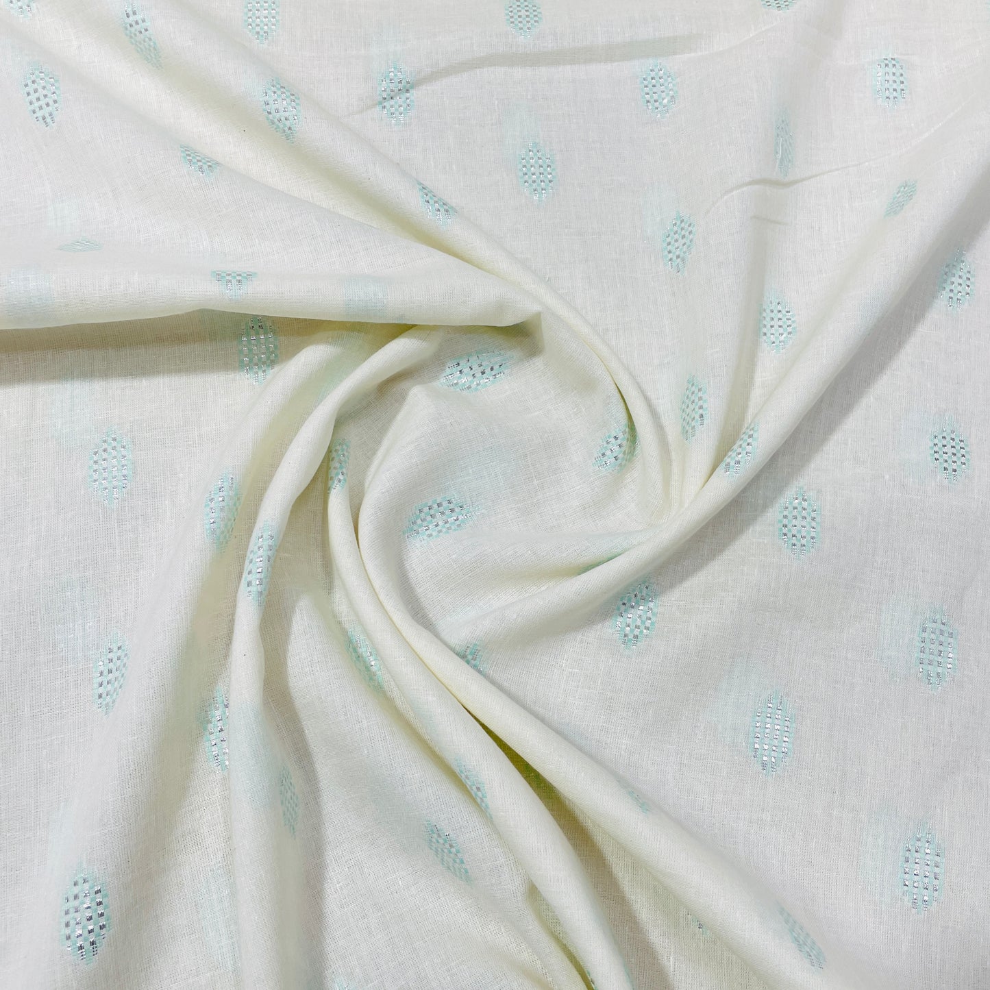 Off White & Green Geometrical With Lurex Cotton  Fabric - TradeUNO