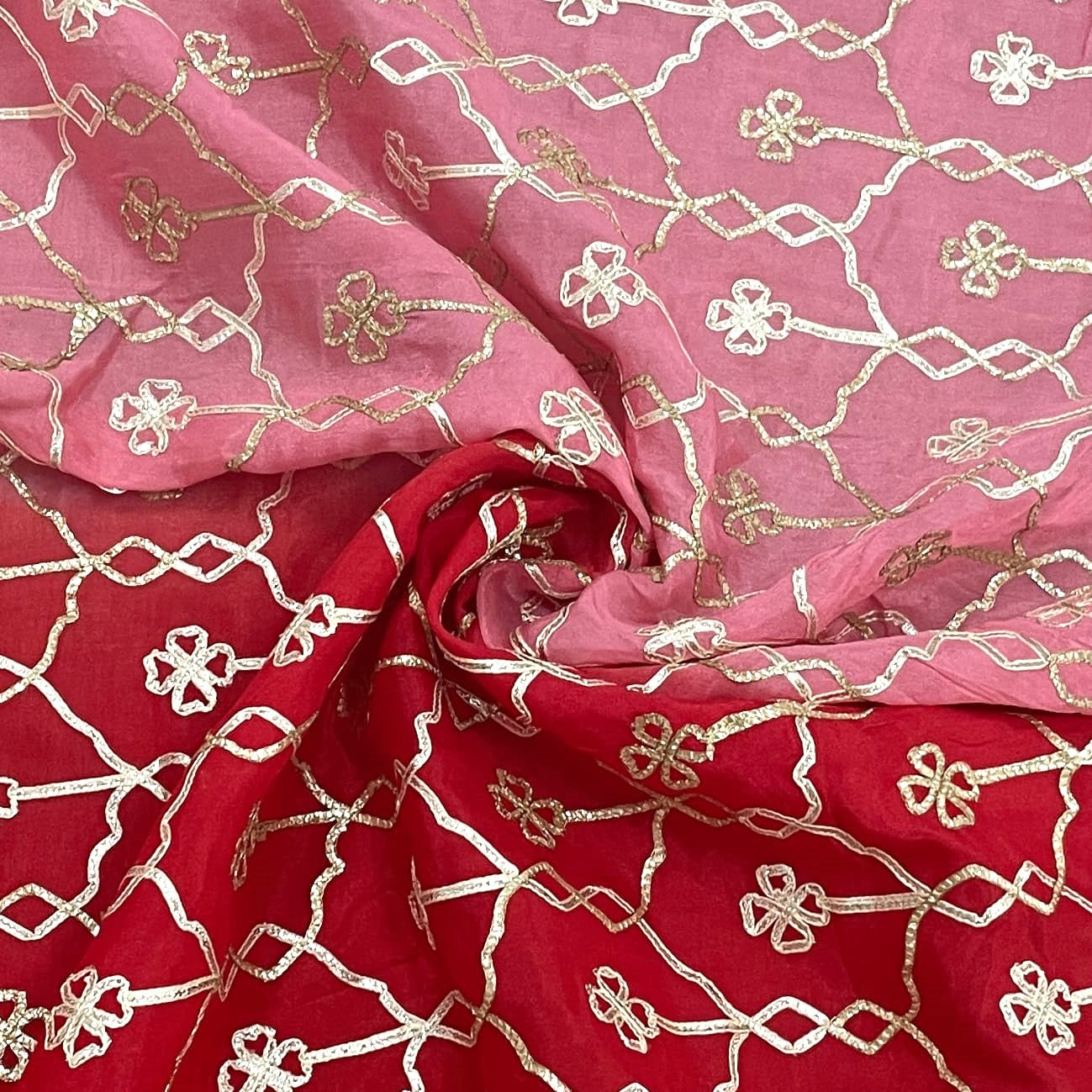 premium pink red floral gota work ombre chinnon fabric