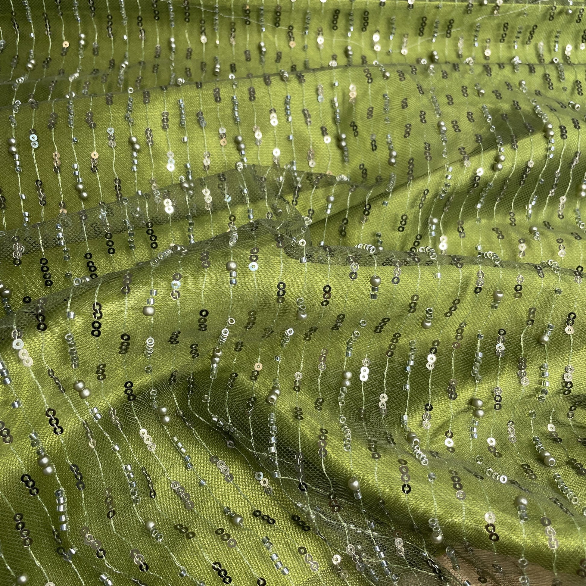 Exclusive Olive Green Pearl Sequins Cut Dana Embroidery Net Fabric