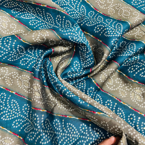 Green & Mehendi Green Bandhani Foil Print Chanderi Silk Fabric - TradeUNO