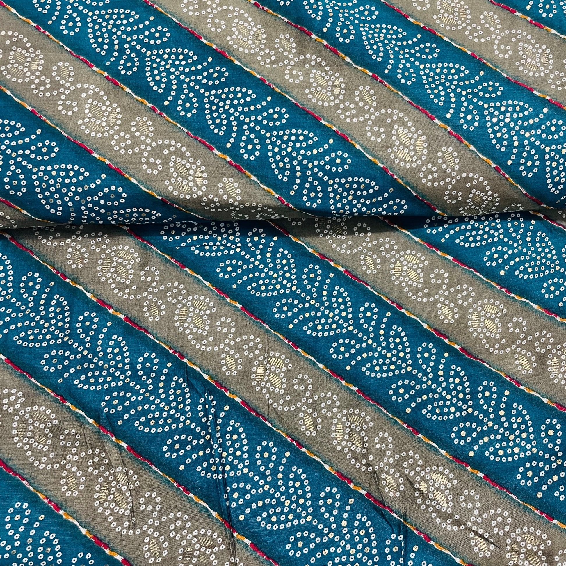Green & Mehendi Green Bandhani Foil Print Chanderi Silk Fabric - TradeUNO