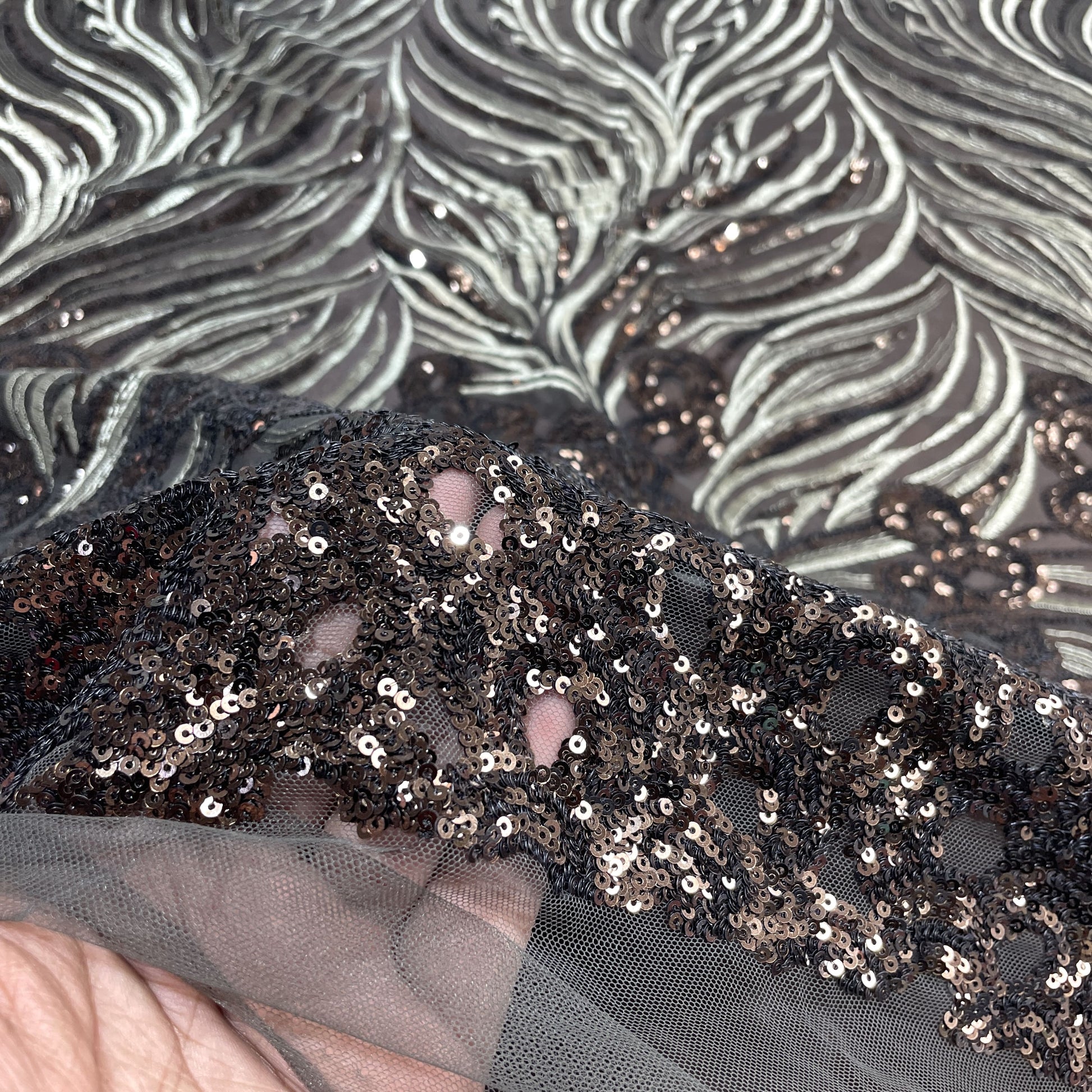Exclusive Olive Green Floral Sequins Thread Embroidery Net Fabric