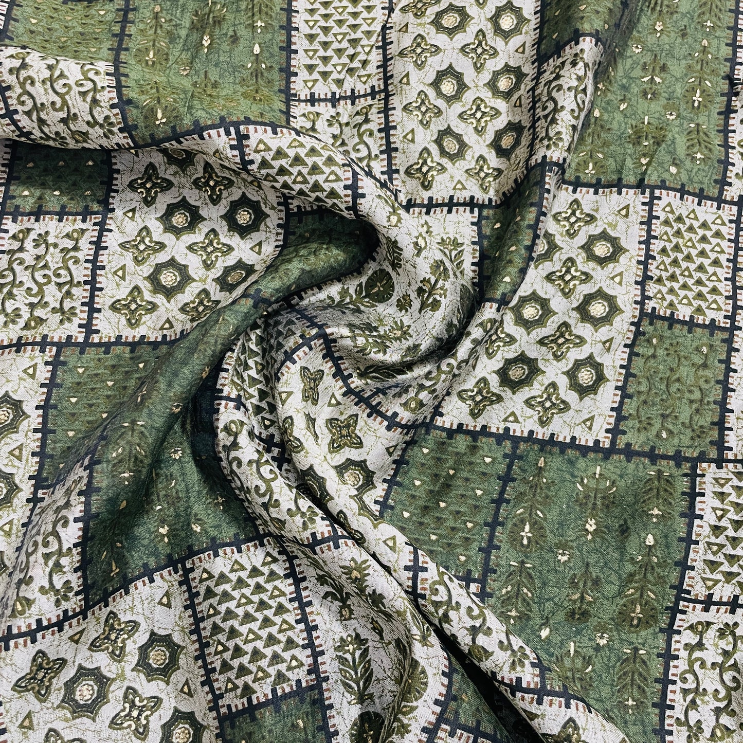 Green Traditional Foil Print Chanderi Silk Fabric