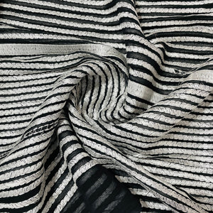 Black & Silver Foil Stripe Thread Embroidery Georgette Fabric - TradeUNO