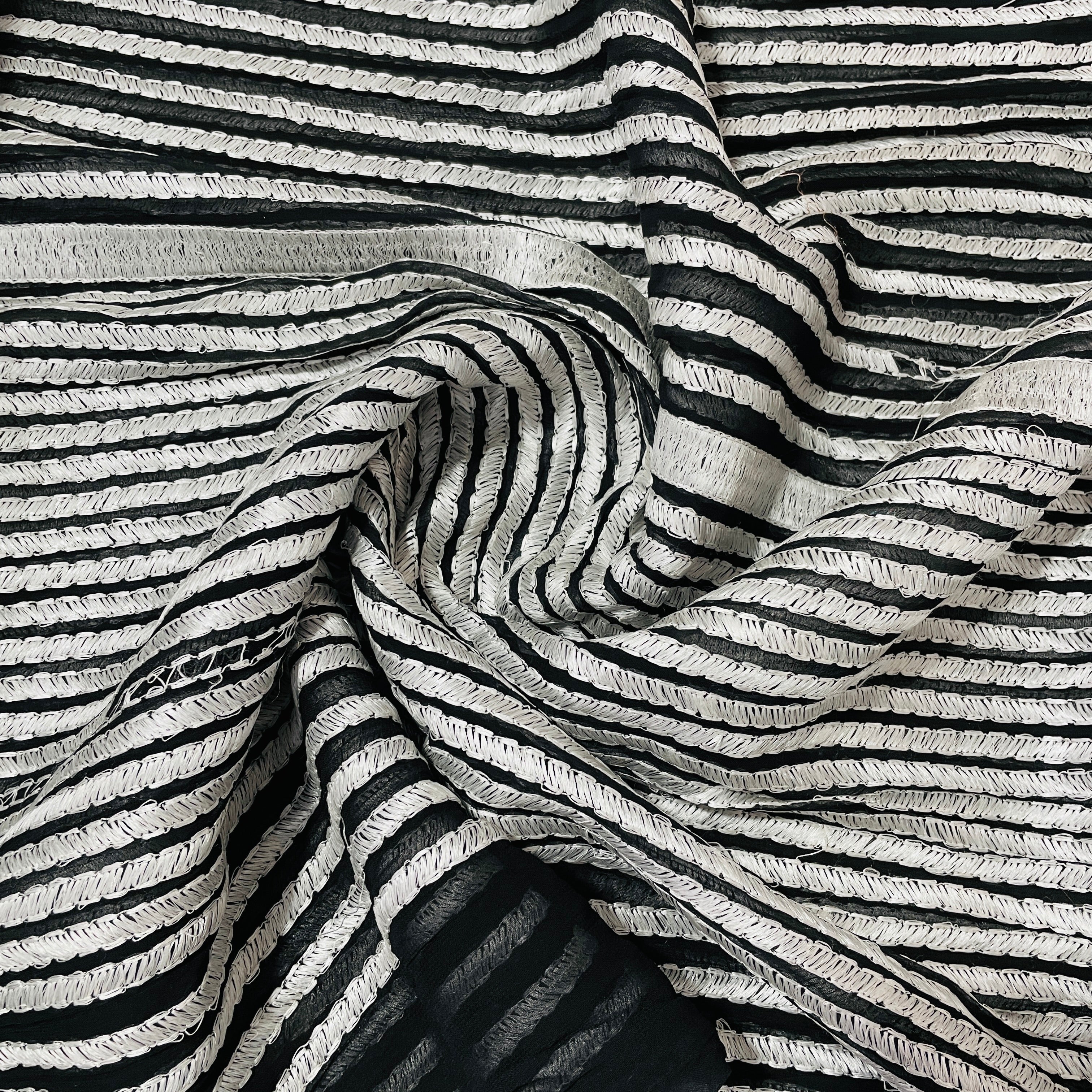 Black & Silver Foil Stripe Thread Embroidery Georgette Fabric - TradeUNO