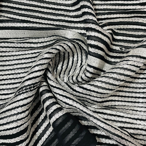 Black & Silver Foil Stripe Thread Embroidery Georgette Fabric - TradeUNO