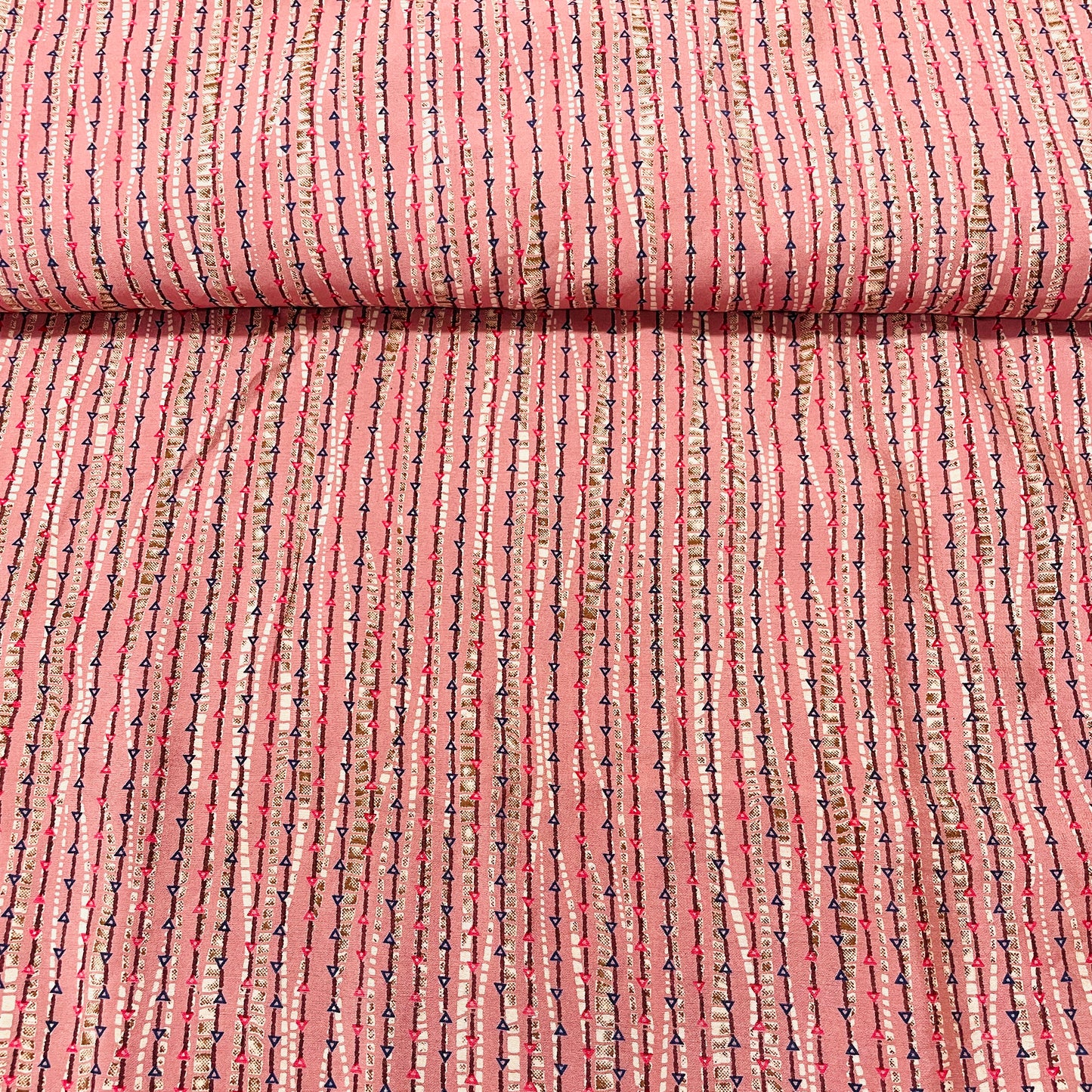 Peach Pink & Multicolor Stripe Print Chanderi Silk Fabric - TradeUNO
