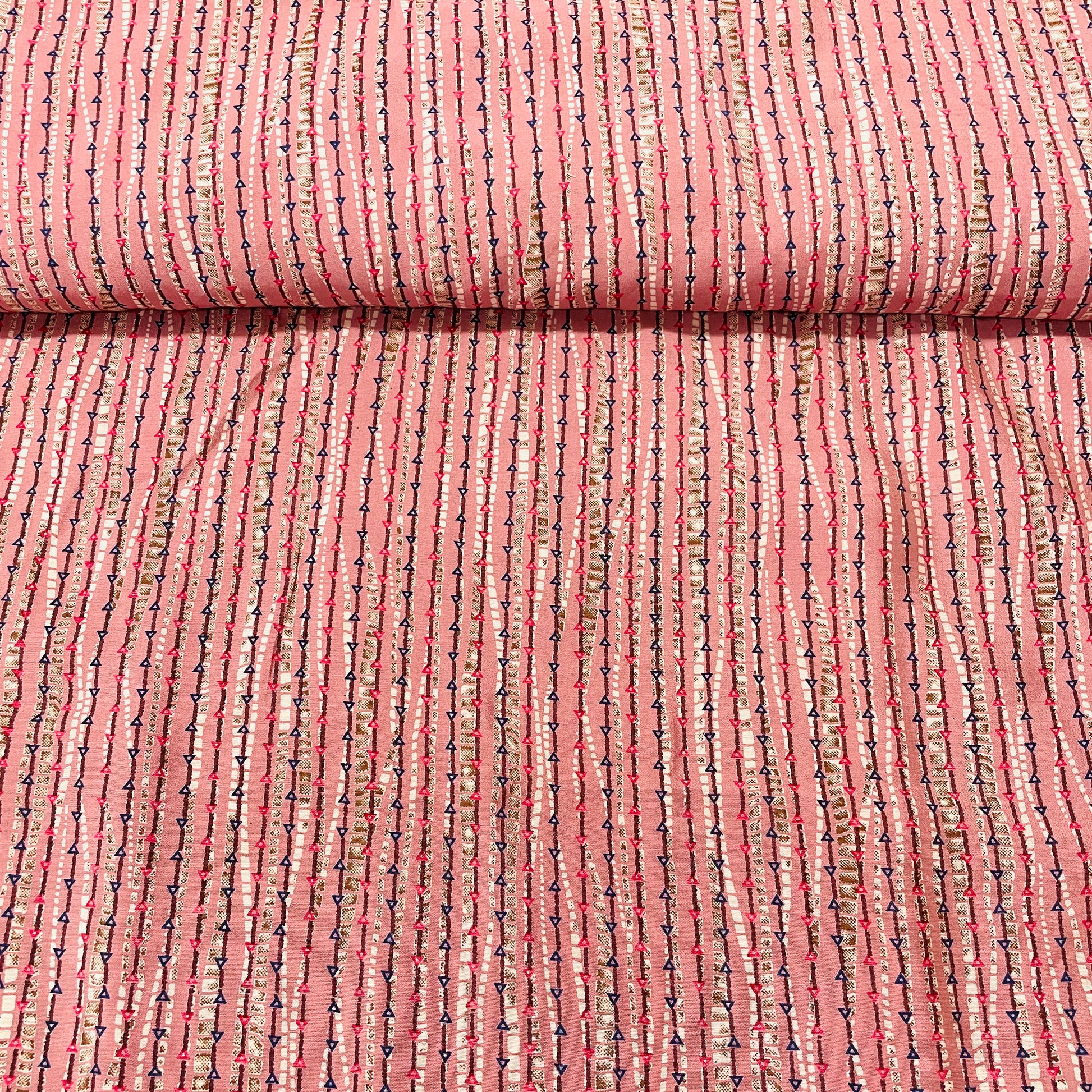Peach Pink & Multicolor Stripe Print Chanderi Silk Fabric - TradeUNO