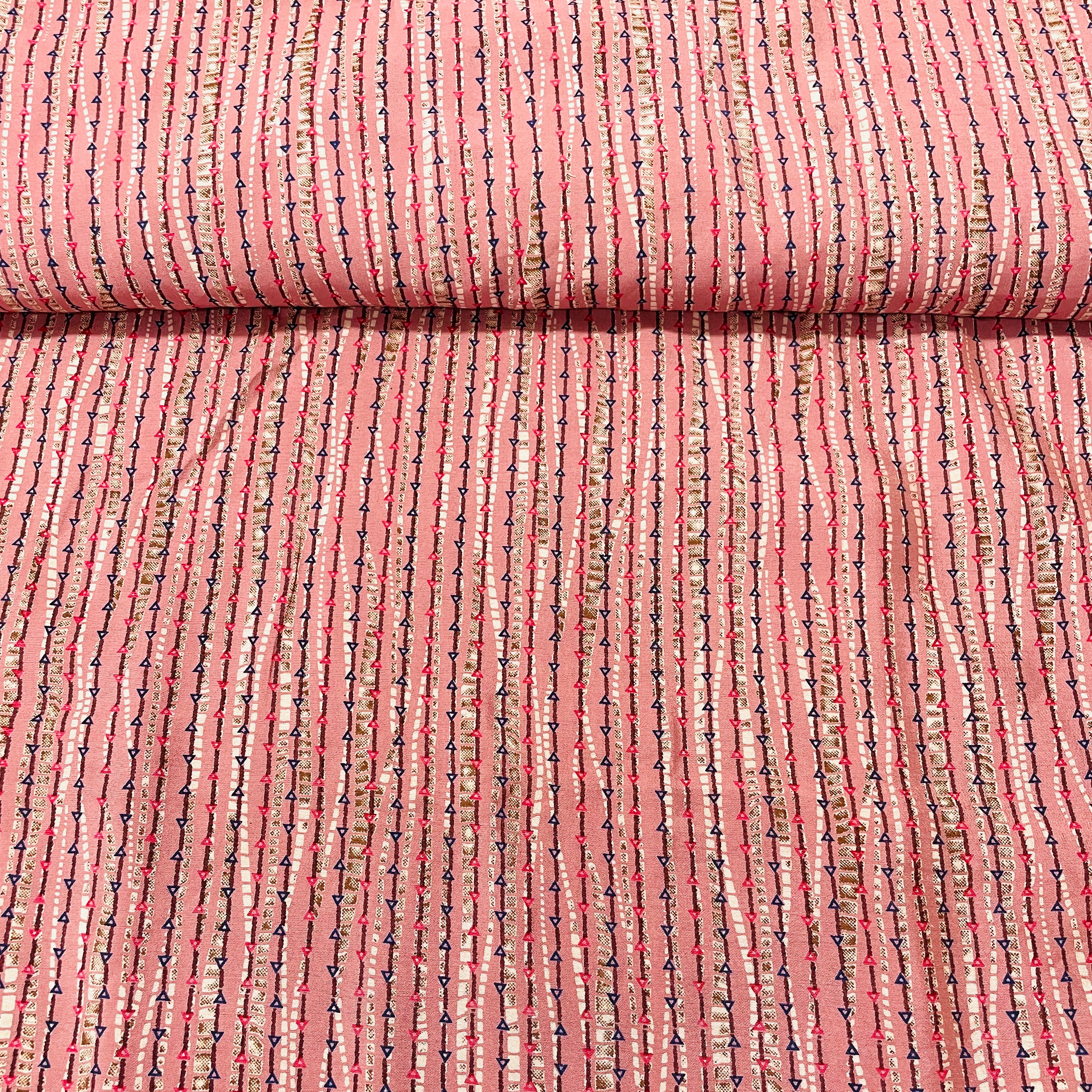 Peach Pink & Multicolor Stripe Print Chanderi Silk Fabric - TradeUNO