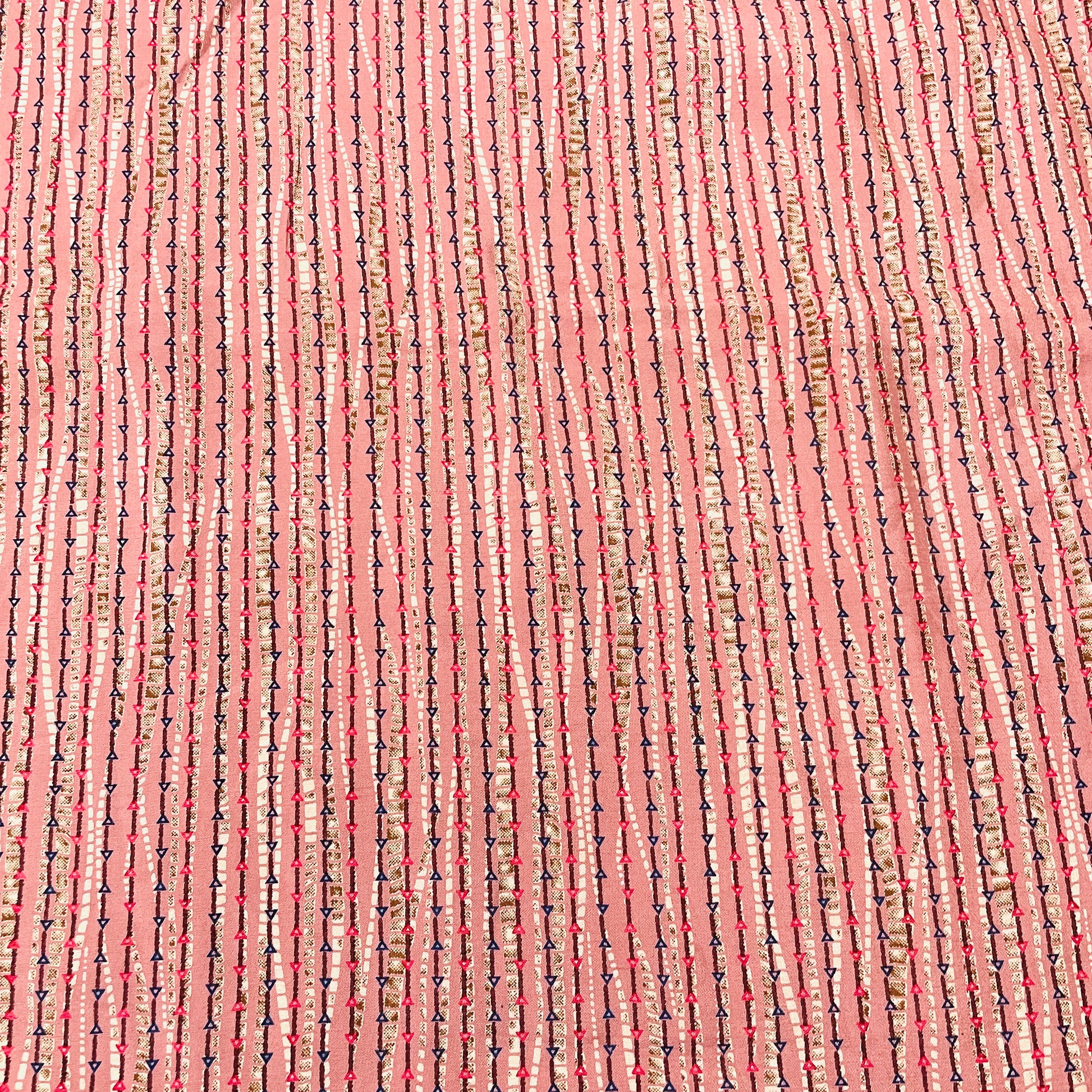 Peach Pink & Multicolor Stripe Print Chanderi Silk Fabric - TradeUNO