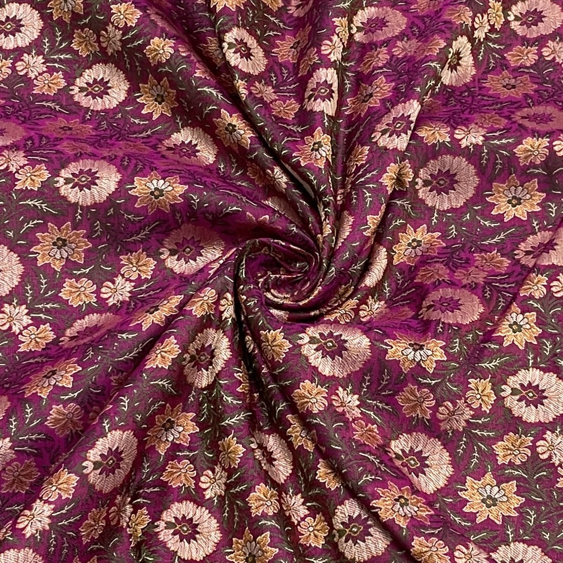 Premium Magenta Pink Traditional Floral Print Tanchui Jamewar Silk Fabric