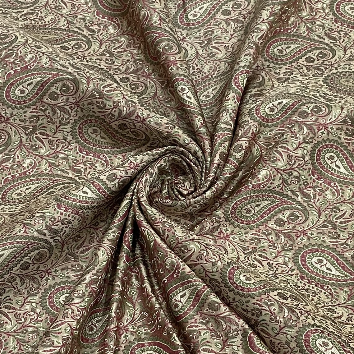 Premium Cream Traditional Paisley Print Tanchui Jamewar Silk Fabric