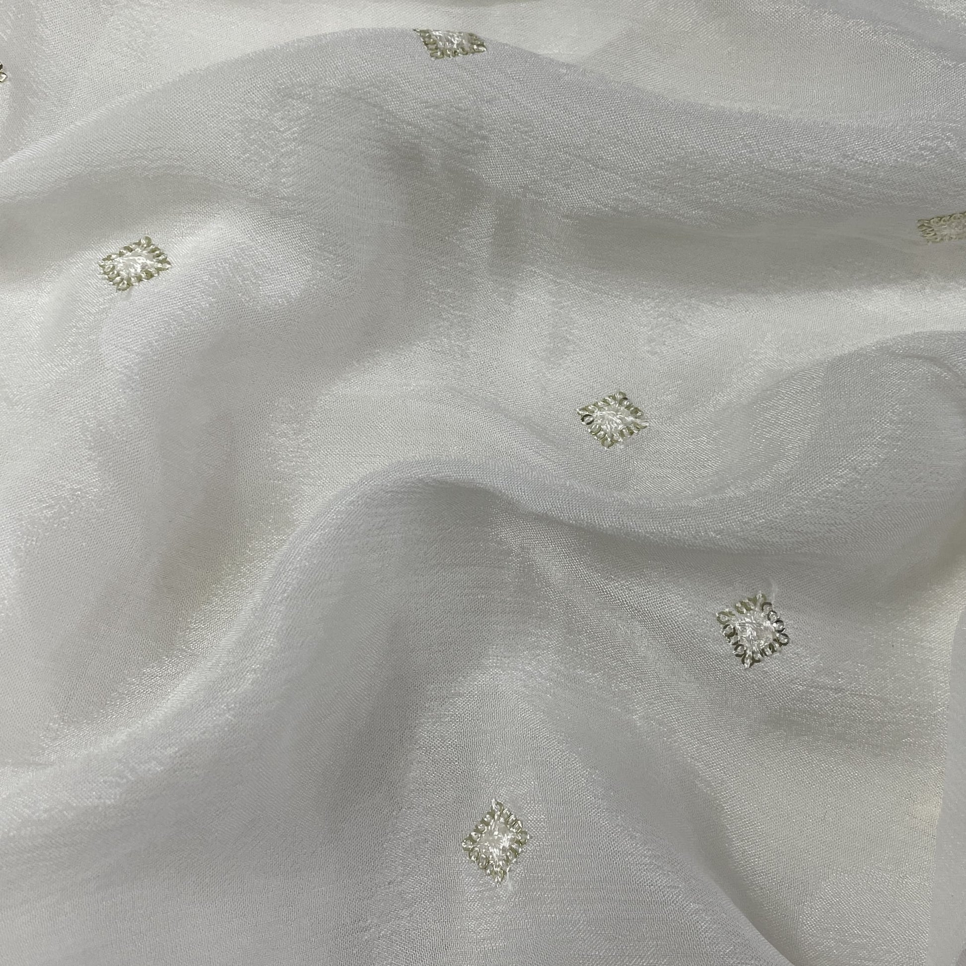 White Square Sequins Embroidery Dyeable Chinnon Fabric