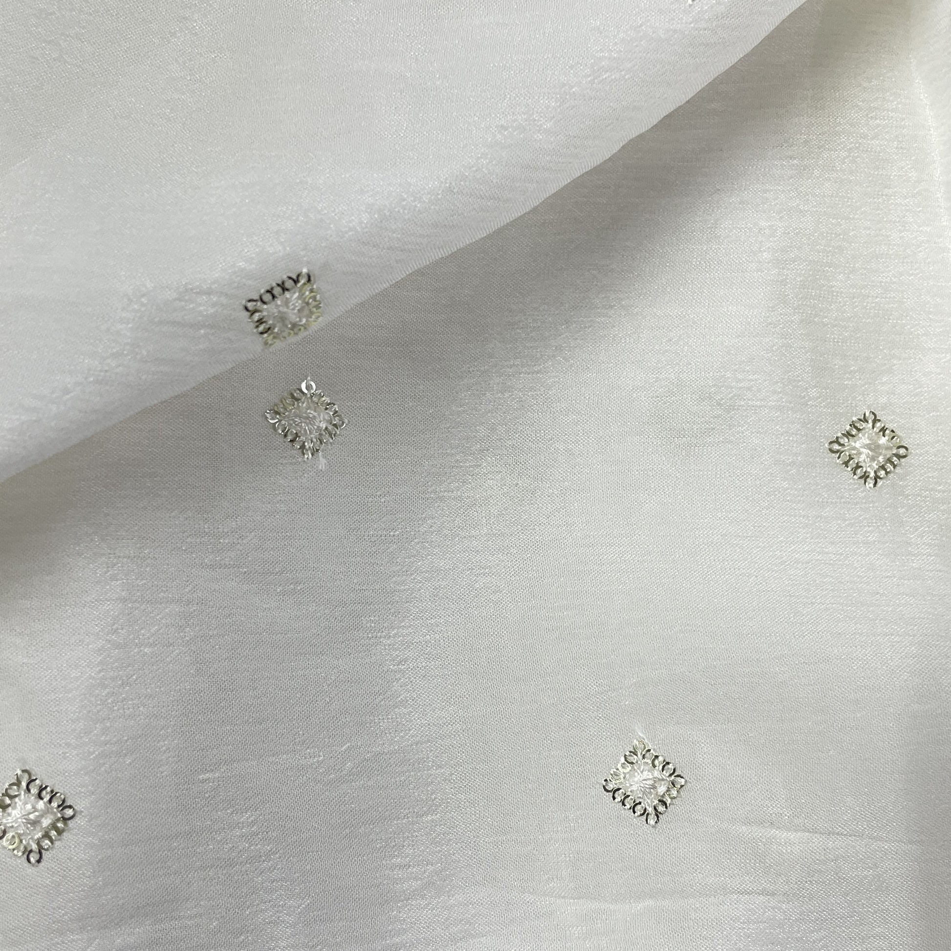 White Square Sequins Embroidery Dyeable Chinnon Fabric