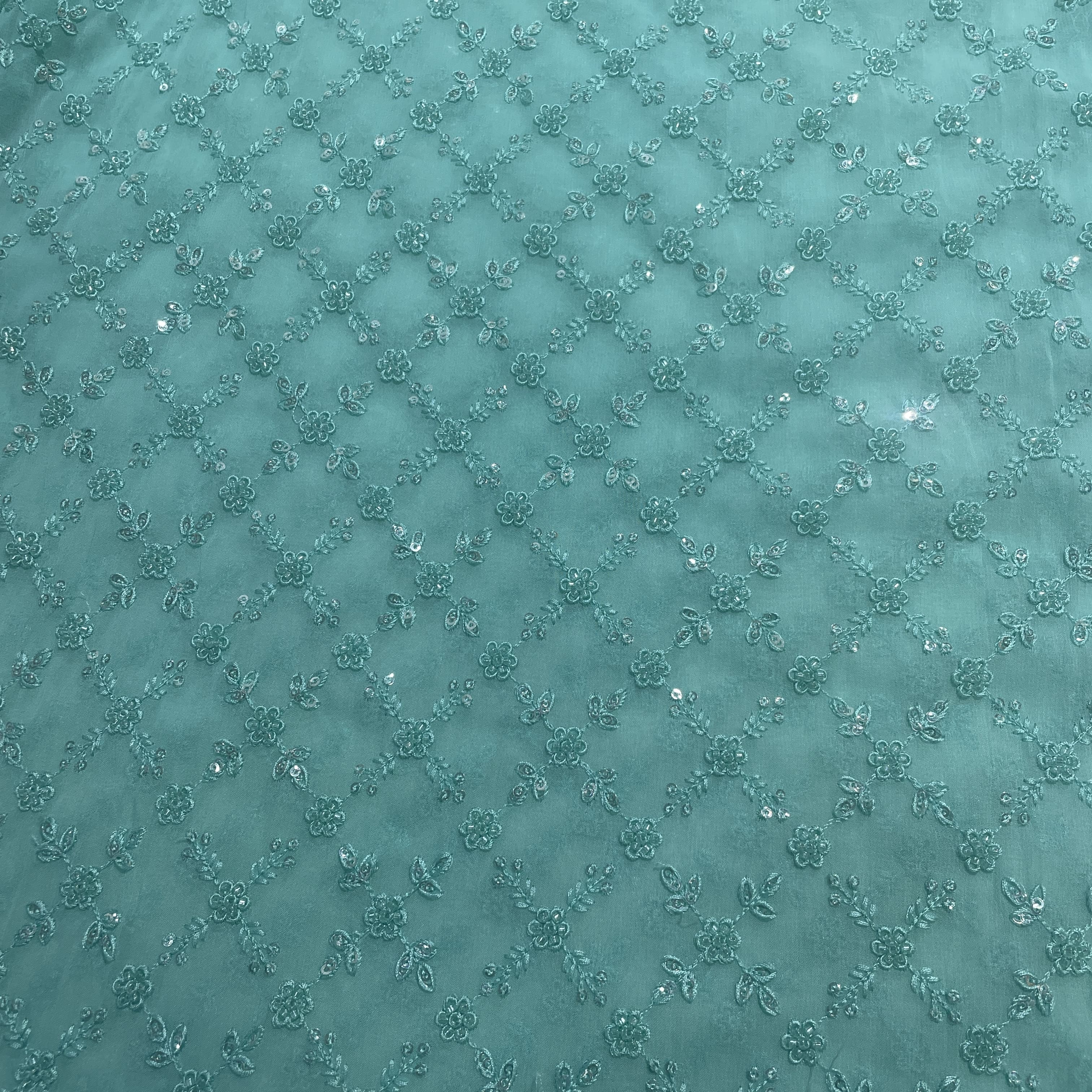 Mint Green Floral CutDana Embroidary Georgette Fabric