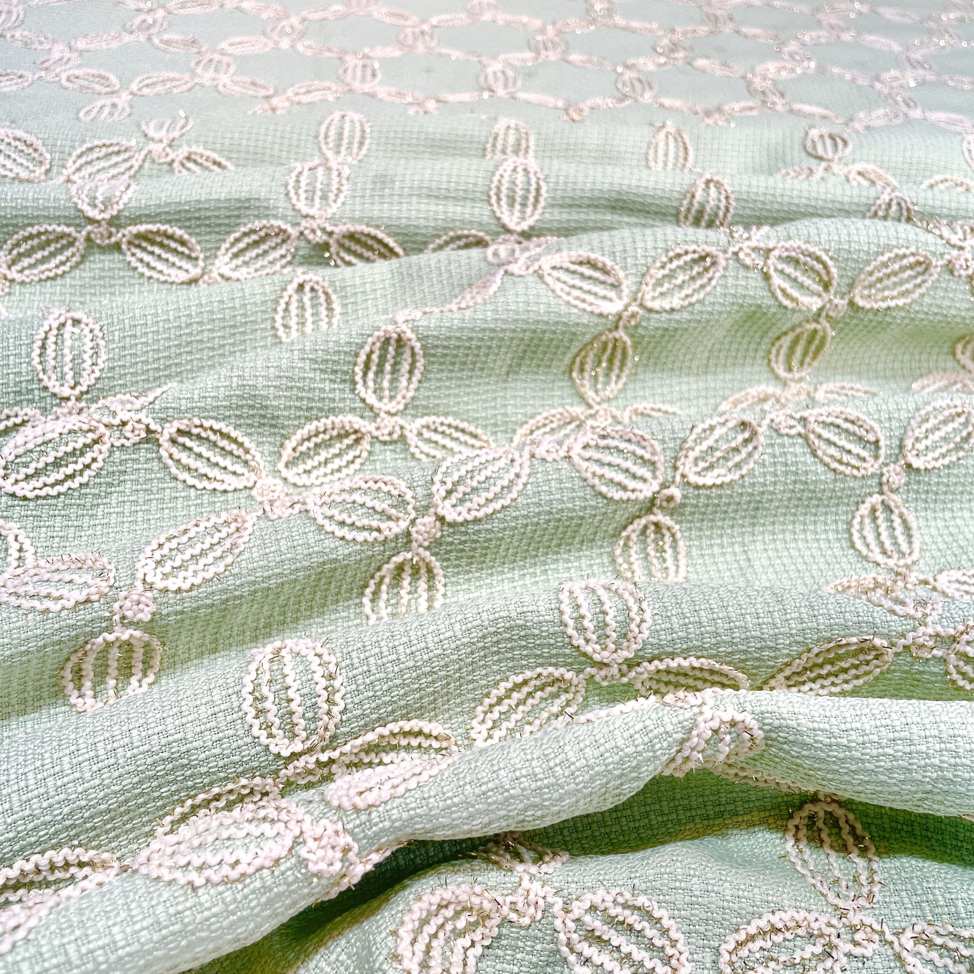 Premium Light GreenFloral Handloom Tweed Fabric