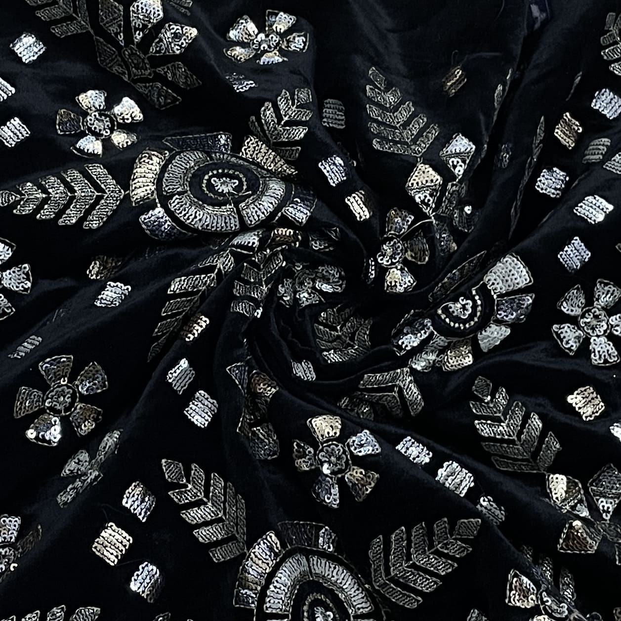 Classic Blue Sequence Embroidery Velvet Fabric