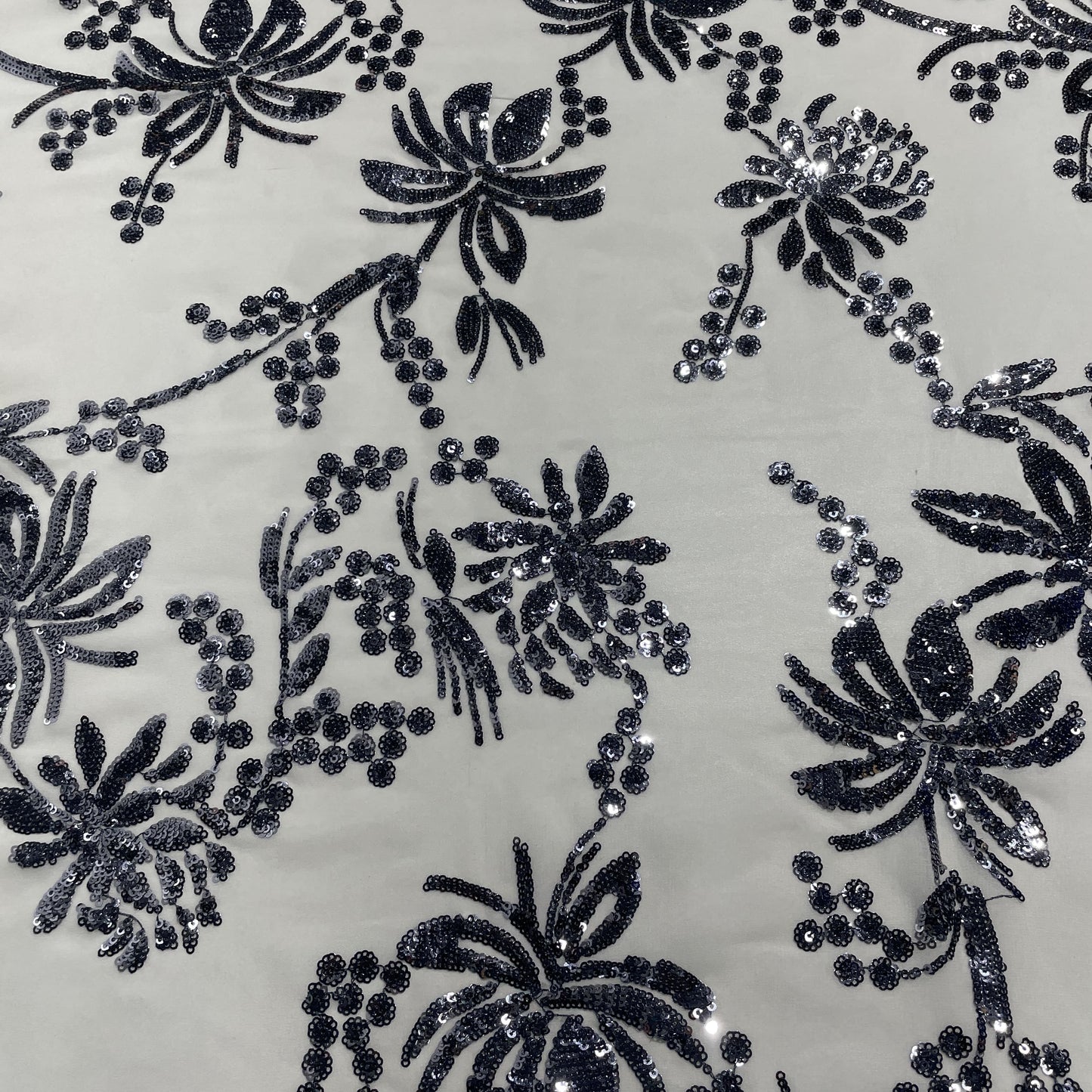 White & Black Floral Sequence Embroidery Georgette Fabric