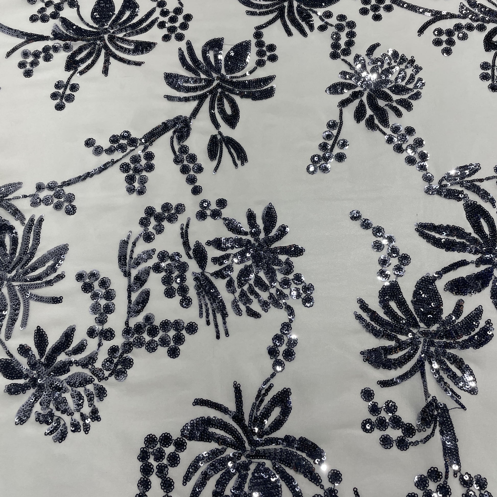 White & Black Floral Sequence Embroidery Georgette Fabric
