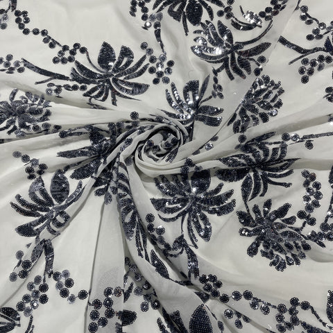 White & Black Floral Sequence Embroidery Georgette Fabric