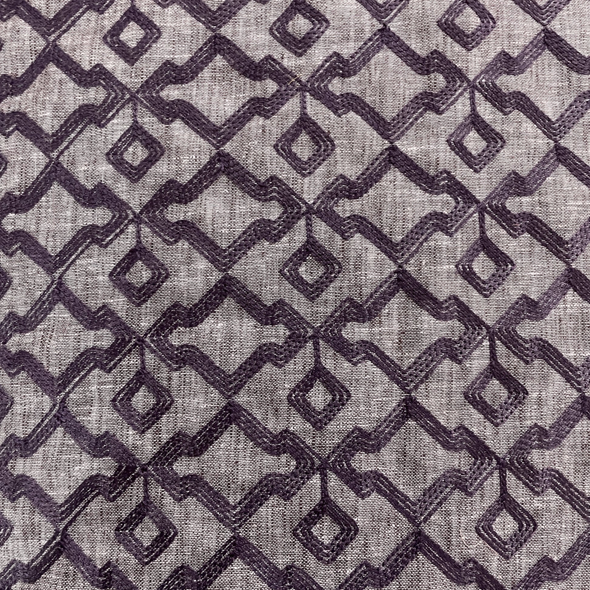 Grey Geometrical Thread Embroidery Linen Fabric