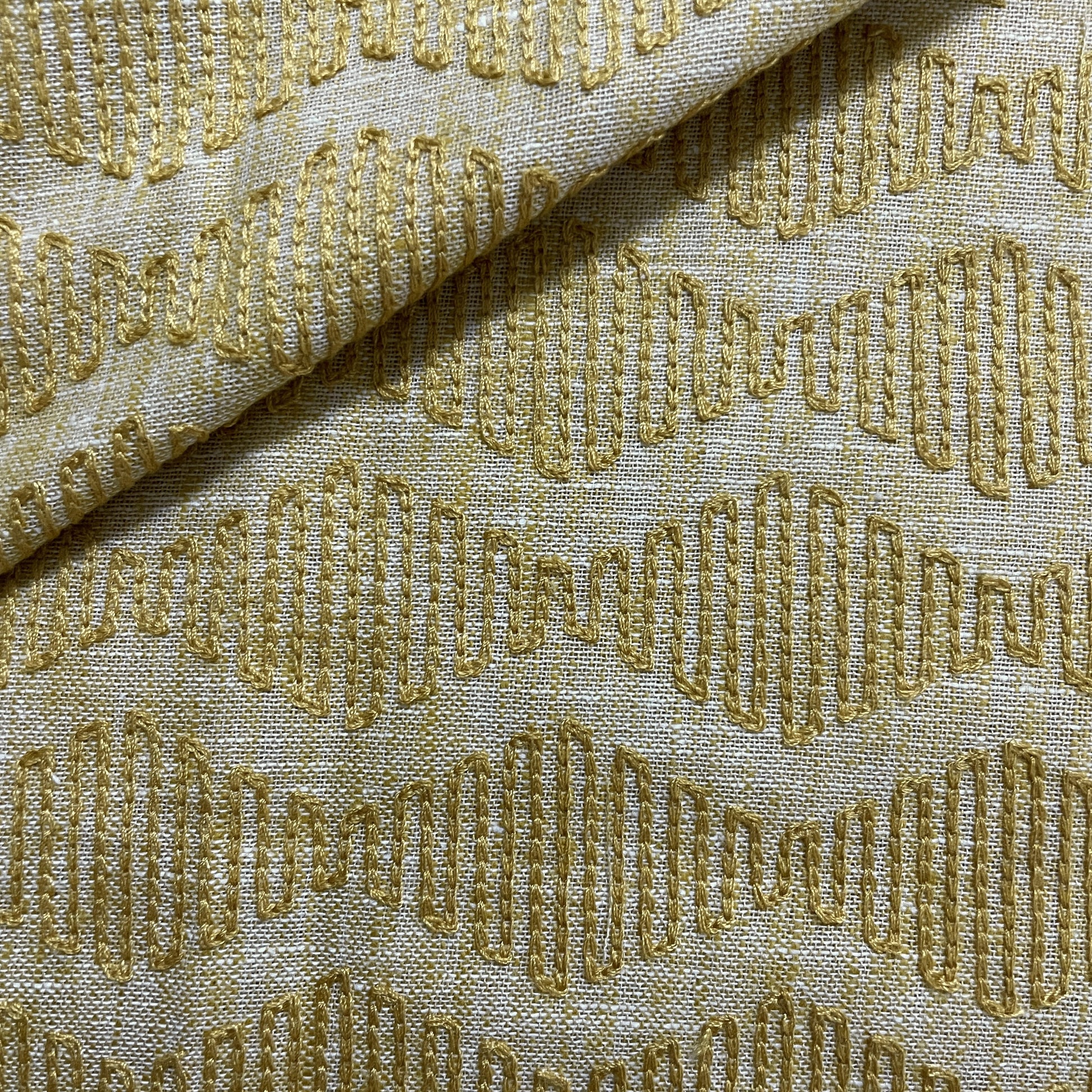 Mustard Yellow Abstract Thread Embroidery Linen Fabric