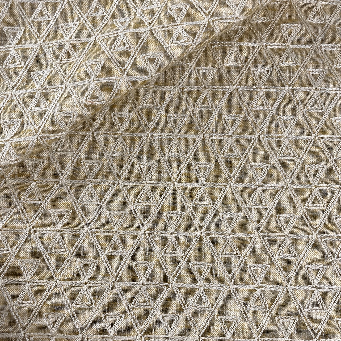Cream Geometrical Thread Embroidery Linen Fabric