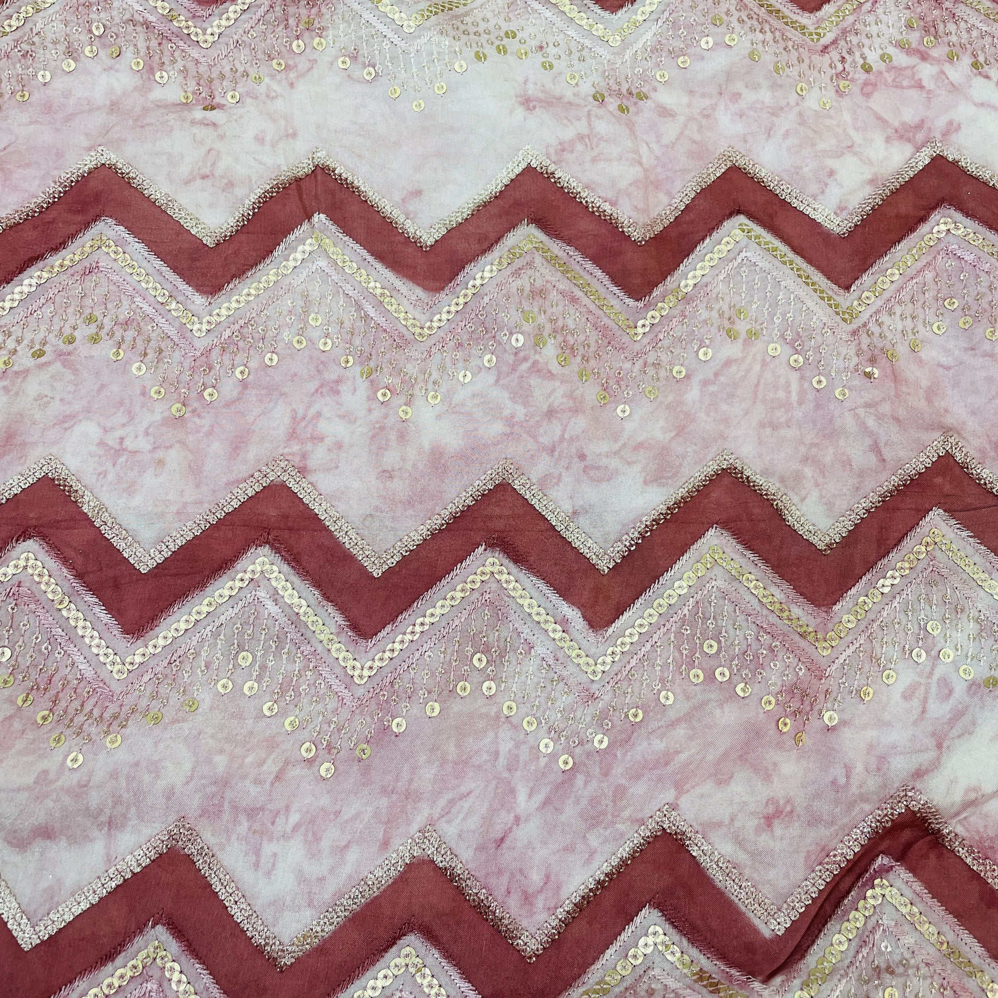 Exclusive Pink Chevron Sequence Embroidery Chinnon Fabric